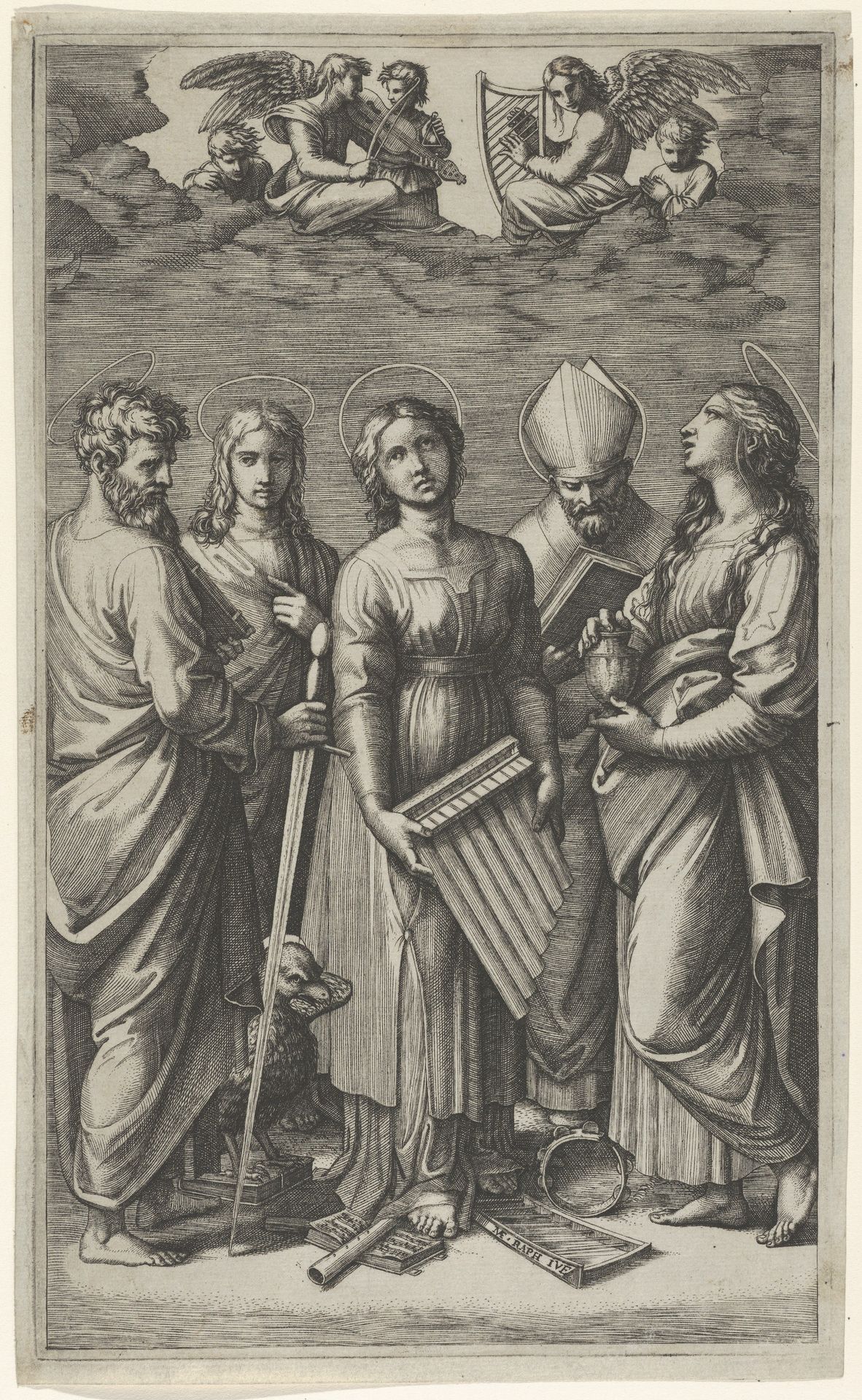 St Cecilia holding an organ, flanked by St Paul, St John the Evangelist, St Augustine and Mary Magdalen, musical angels above by Marcantonio Raimondi