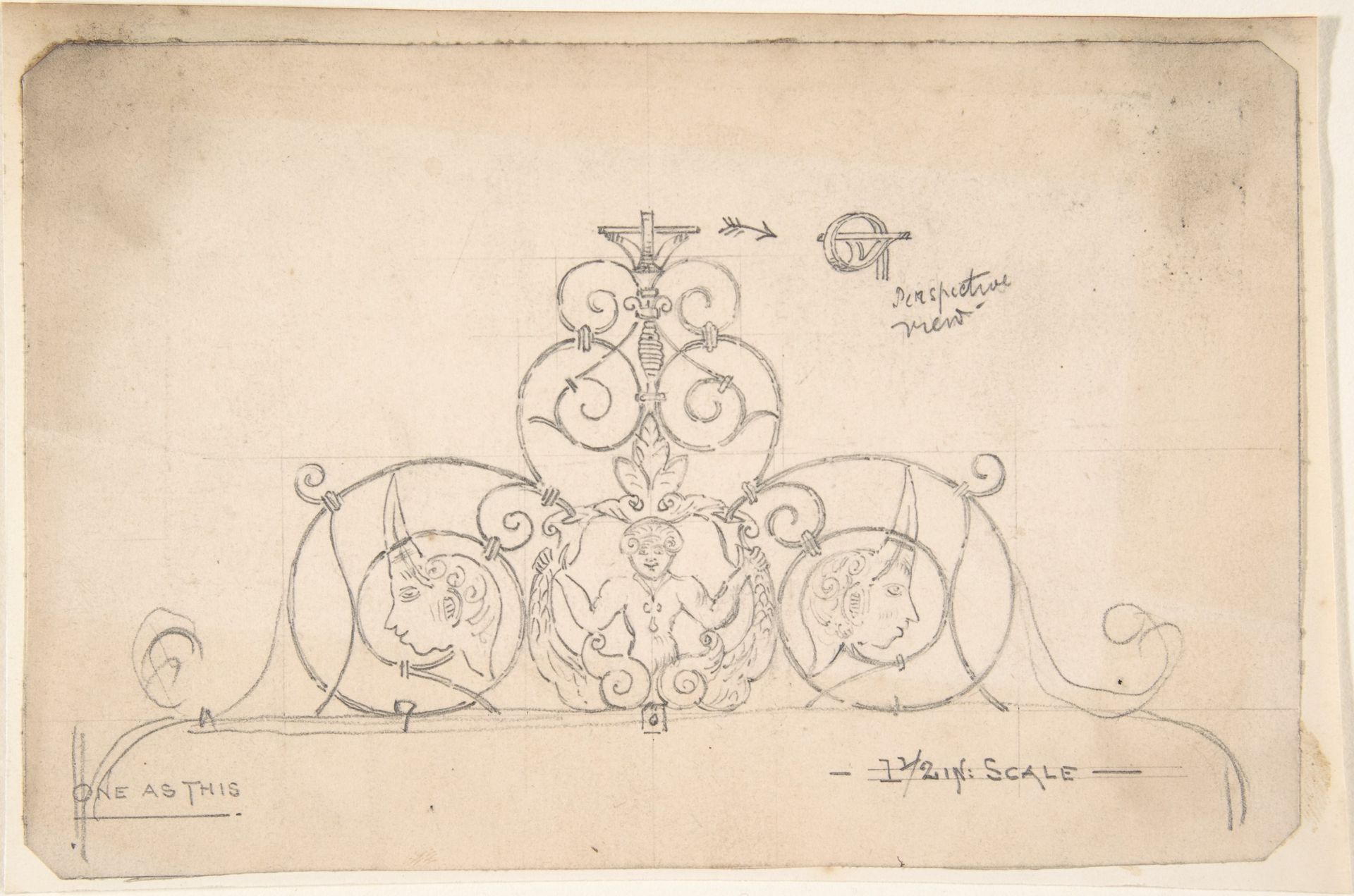 Wrought Metal Foliate Ornament with Grotesque Masks by Anonymous
