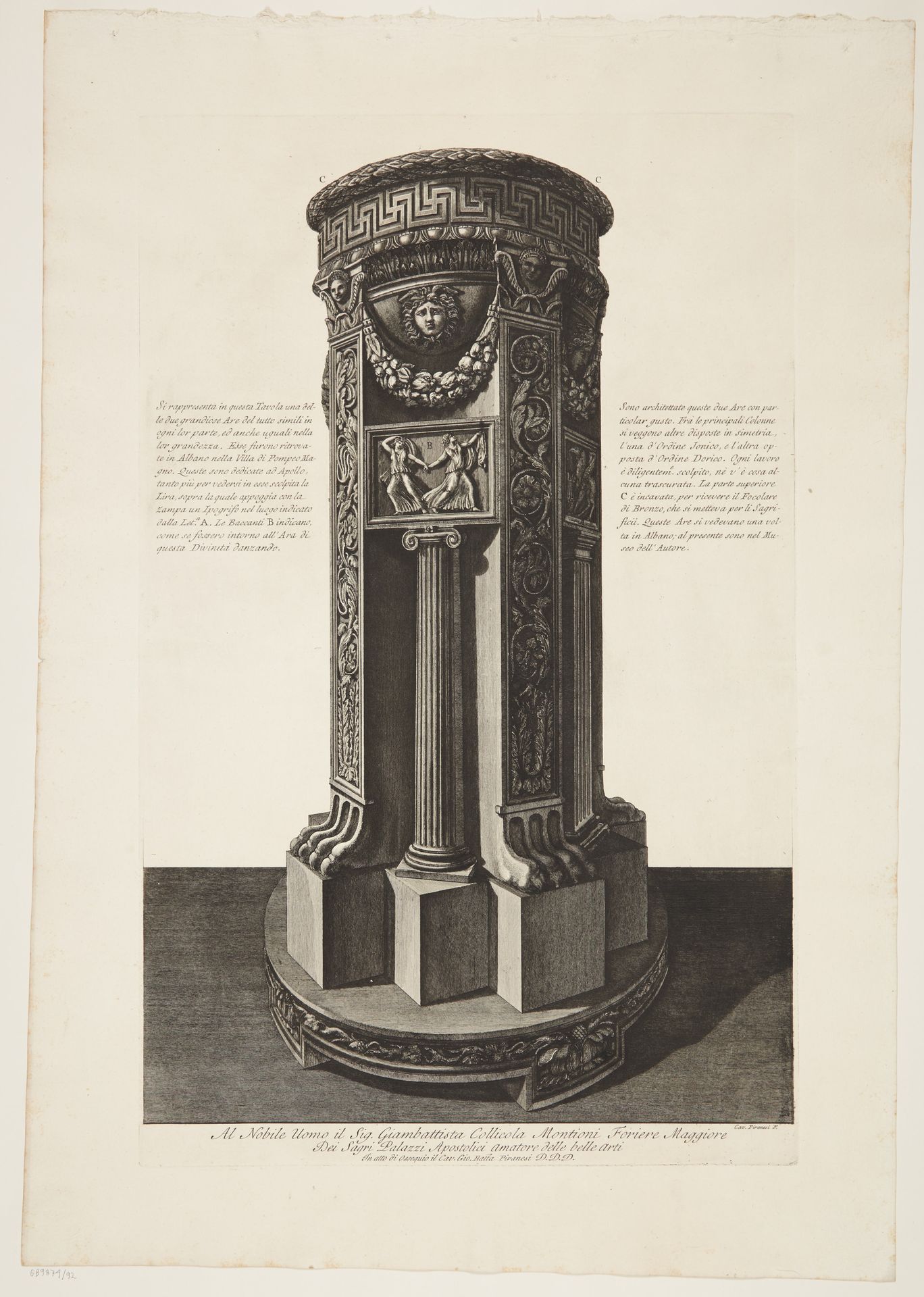 One of two identical altars dedicated to Apollo with Greek key motif around the rim and Medusa heads on the bowl, found in the Villa of Pompey the Great in Albano by Giovanni Battista Piranesi
