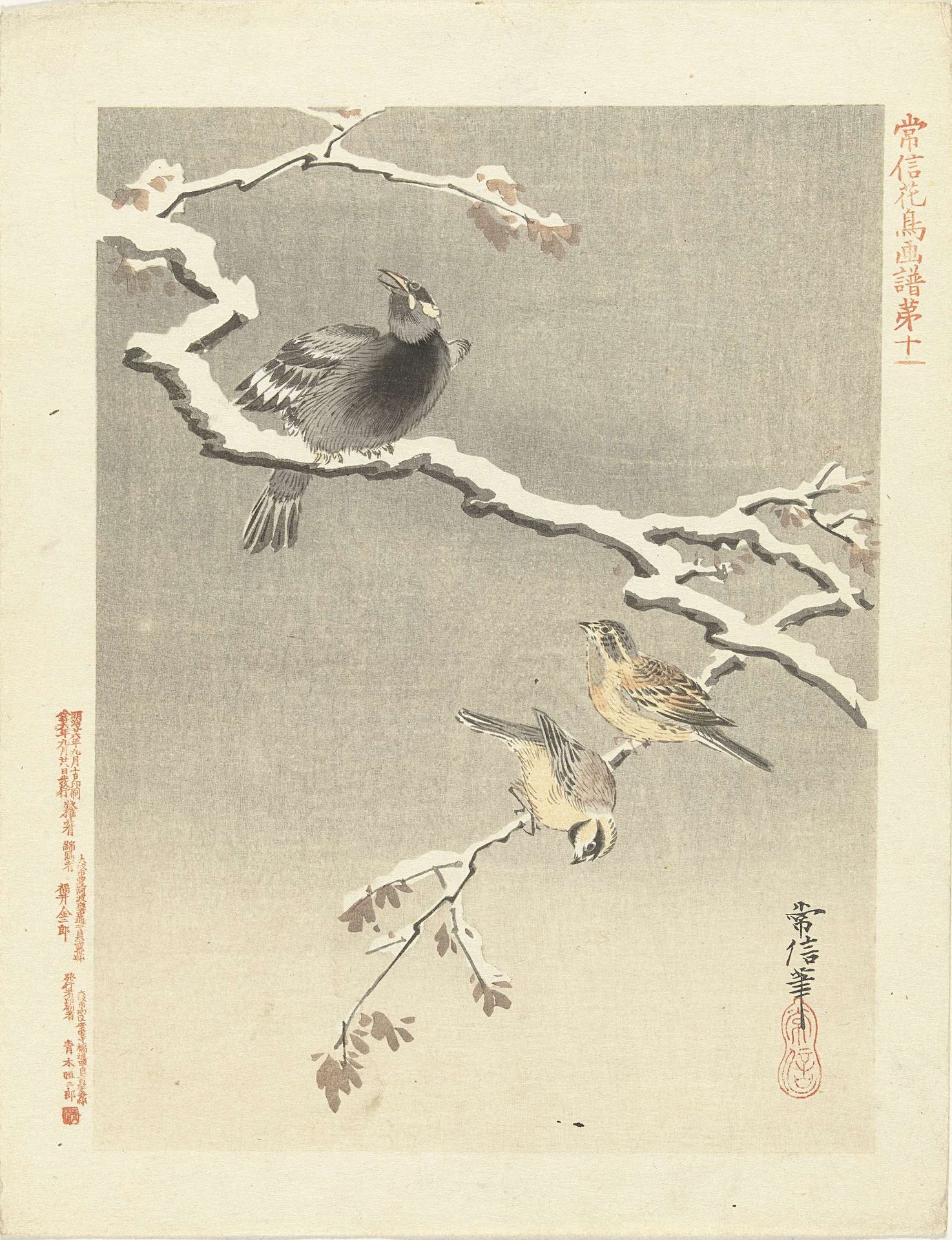 Drie vogels op besneeuwde tak by Kano Tsunenobu