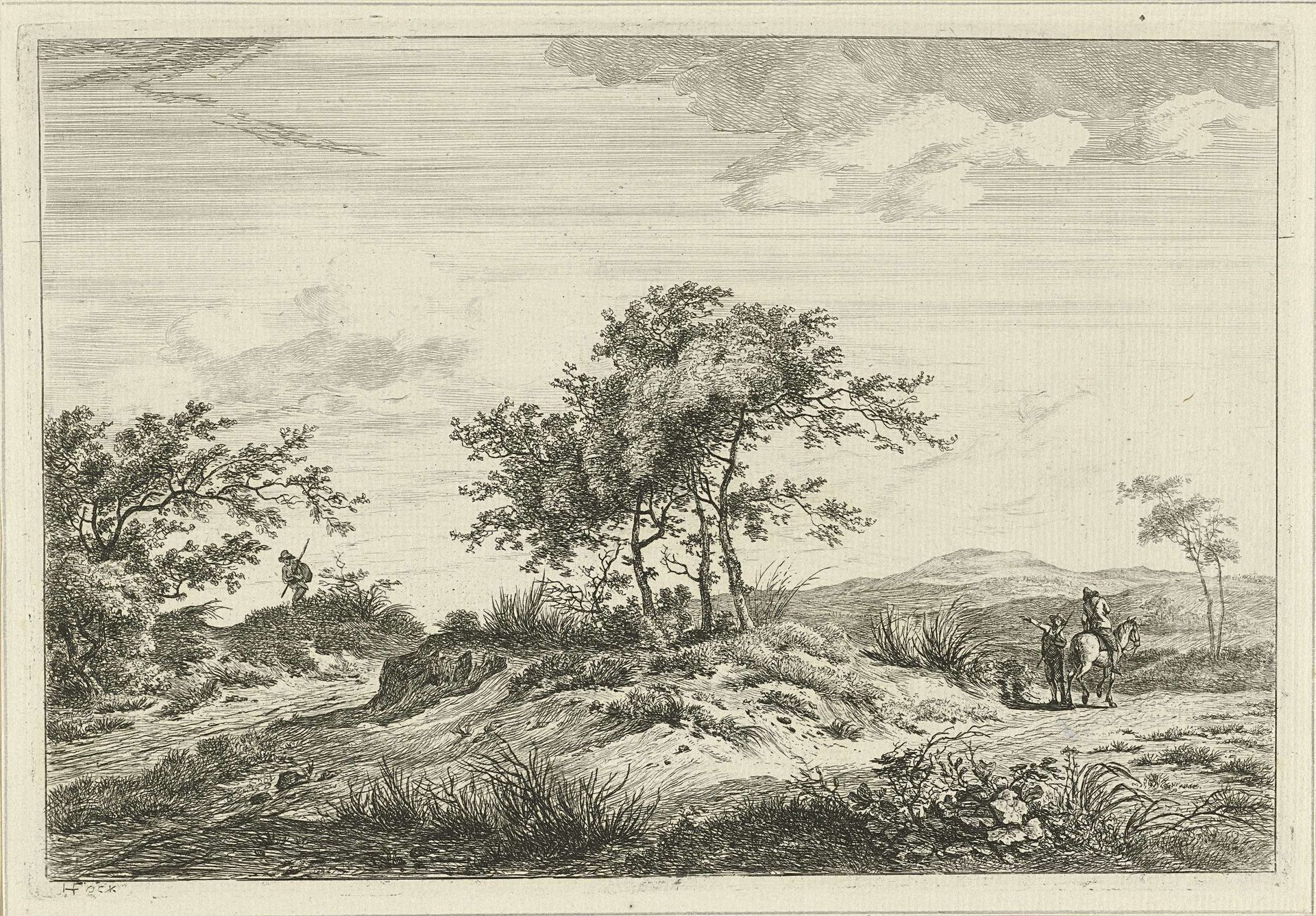 Landschap met ruiter en voetganger by Hermanus Fock