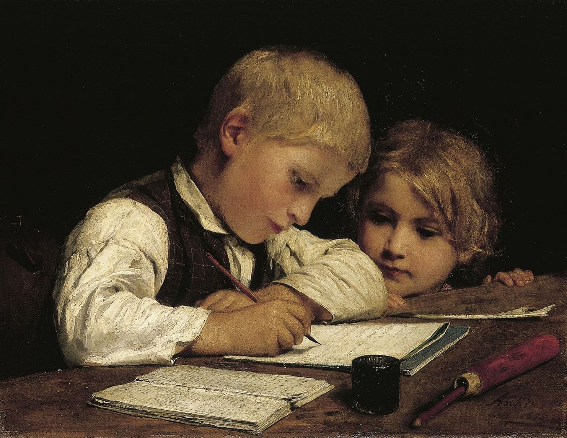 Writing boy with little sister by Albrecht Anker