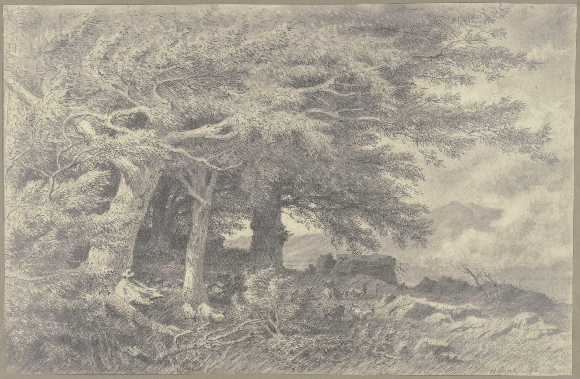 Forest edge with herd of goats by Heinrich Funk