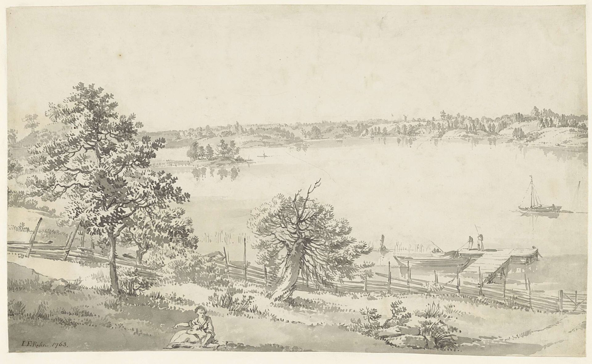 Gezicht op een breed water in de bergen met figuren op de voorgrond by Johan Eric Rehn