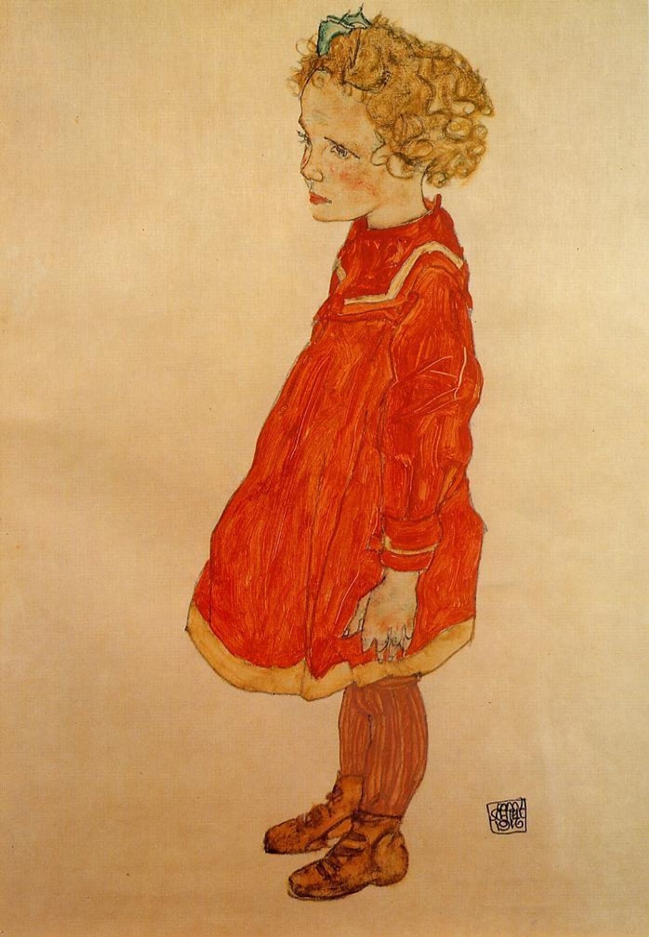 Little Girl with Blond Hair in a Red Dress by Egon Schiele