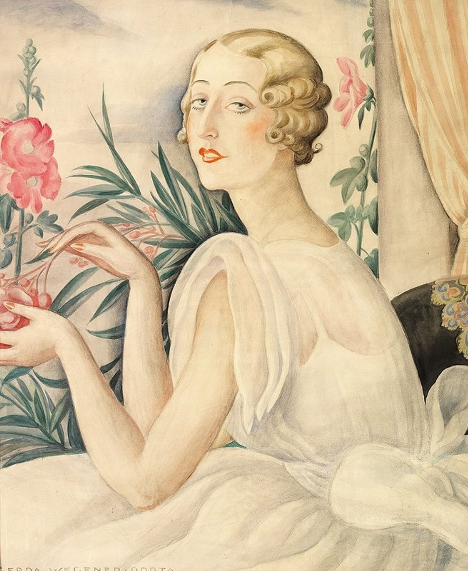 Kvinde i hvid kjole siddende ved vindueskarm by Gerda Wegener