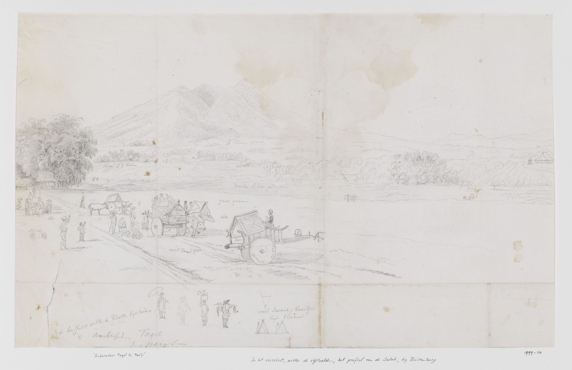 Landschap met gezicht op rijstvelden en een berg, West-Java by Adrianus Johannes Bik