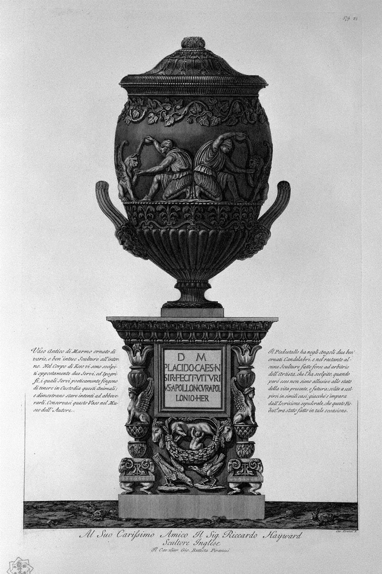 Antique vase of marble with kneeling figures drinking from hippogryphs, with chandeliers and a pedestal corner by Giovanni Battista Piranesi