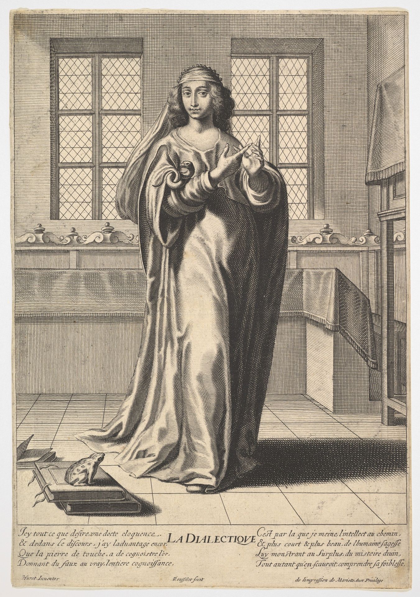Dialectic: a young woman standing in a decorated interior and touching her right index finger to her left middle finger in a counting gesture, at her feet is a toad seated on a stack of books, from "The liberal arts" (Les arts liberaux) by Gilles Rousselet