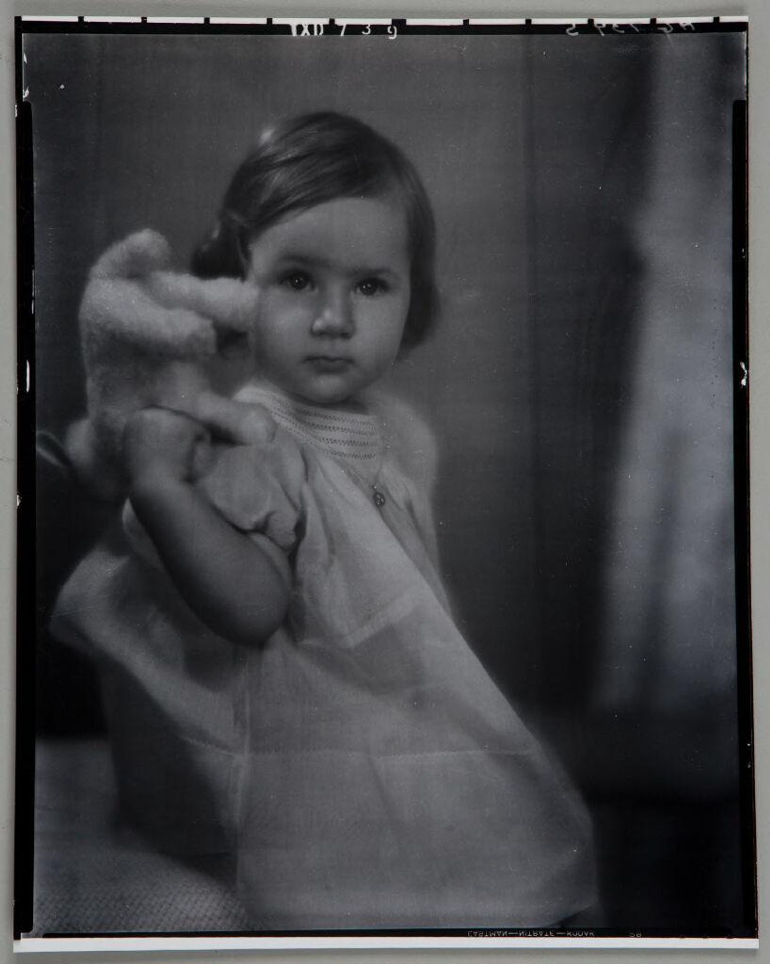 Untitled (portrait of little girl holding stuffed animal up by her shoulder) by Paul Gittings