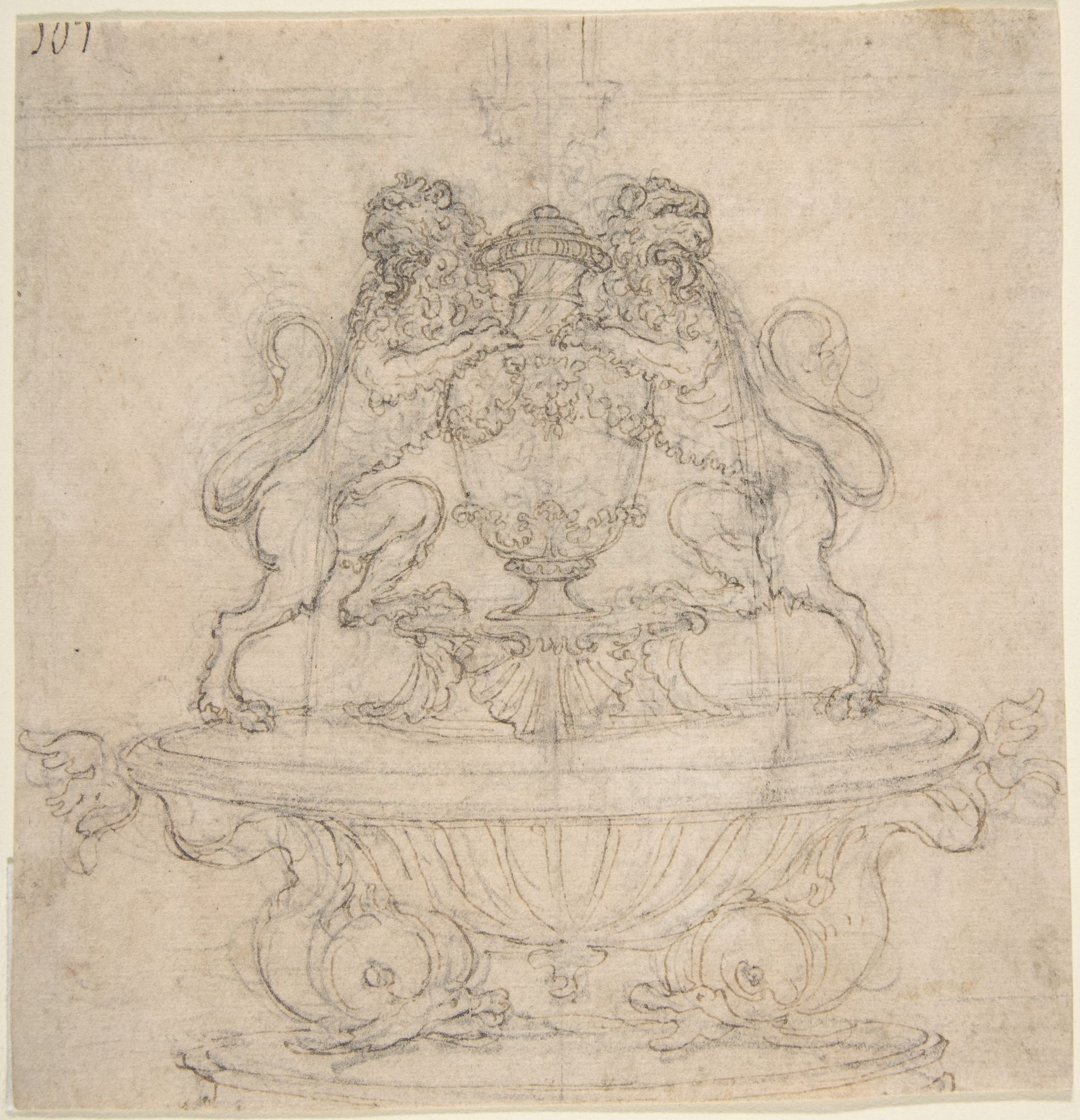 Design for a Fountain with Two Water-Spouting Lions (recto); Sketch for Triumph of Galatea [?] (verso). by Giovanni Battista Foggini