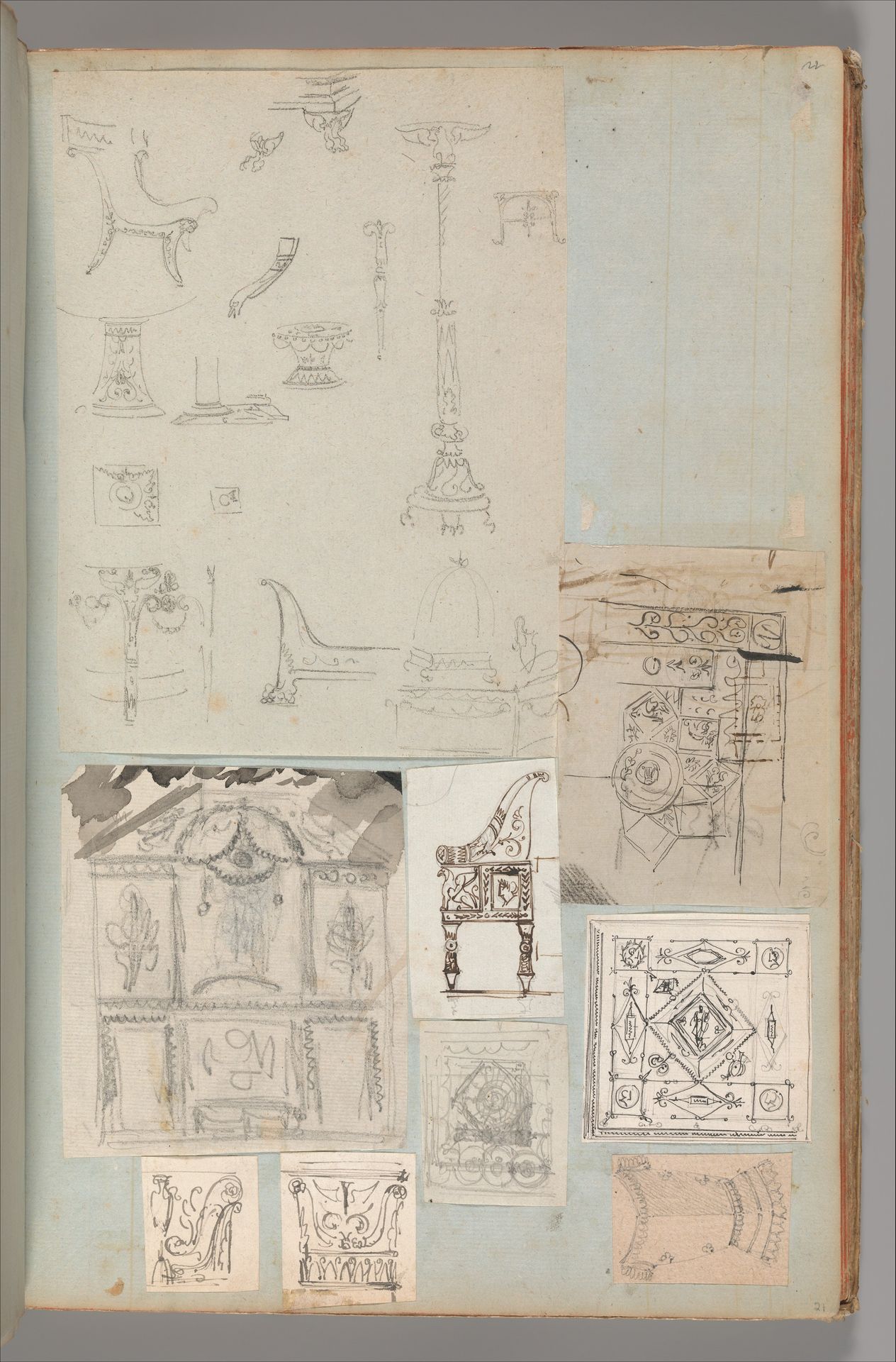 Page from a Scrapbook containing Drawings and Several Prints of Architecture, Interiors, Furniture and Other Objects by Charles Percier