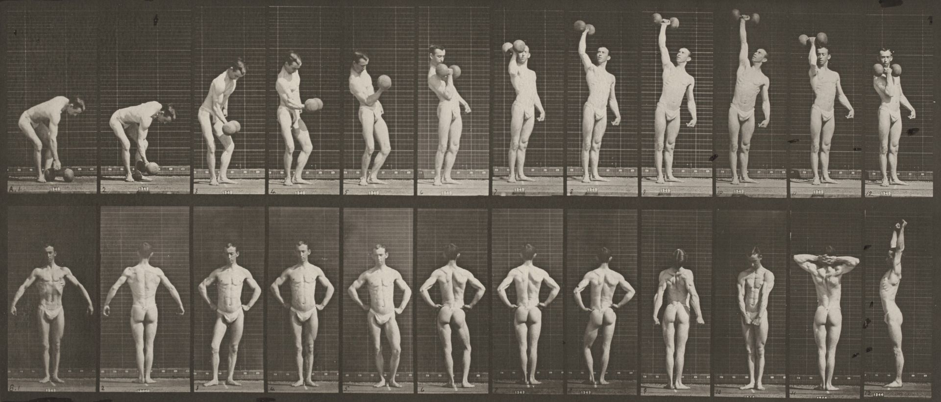 Plate Number 321.  A: Lifting a 50-lb. dumbbell. B: Posing by Eadweard Muybridge
