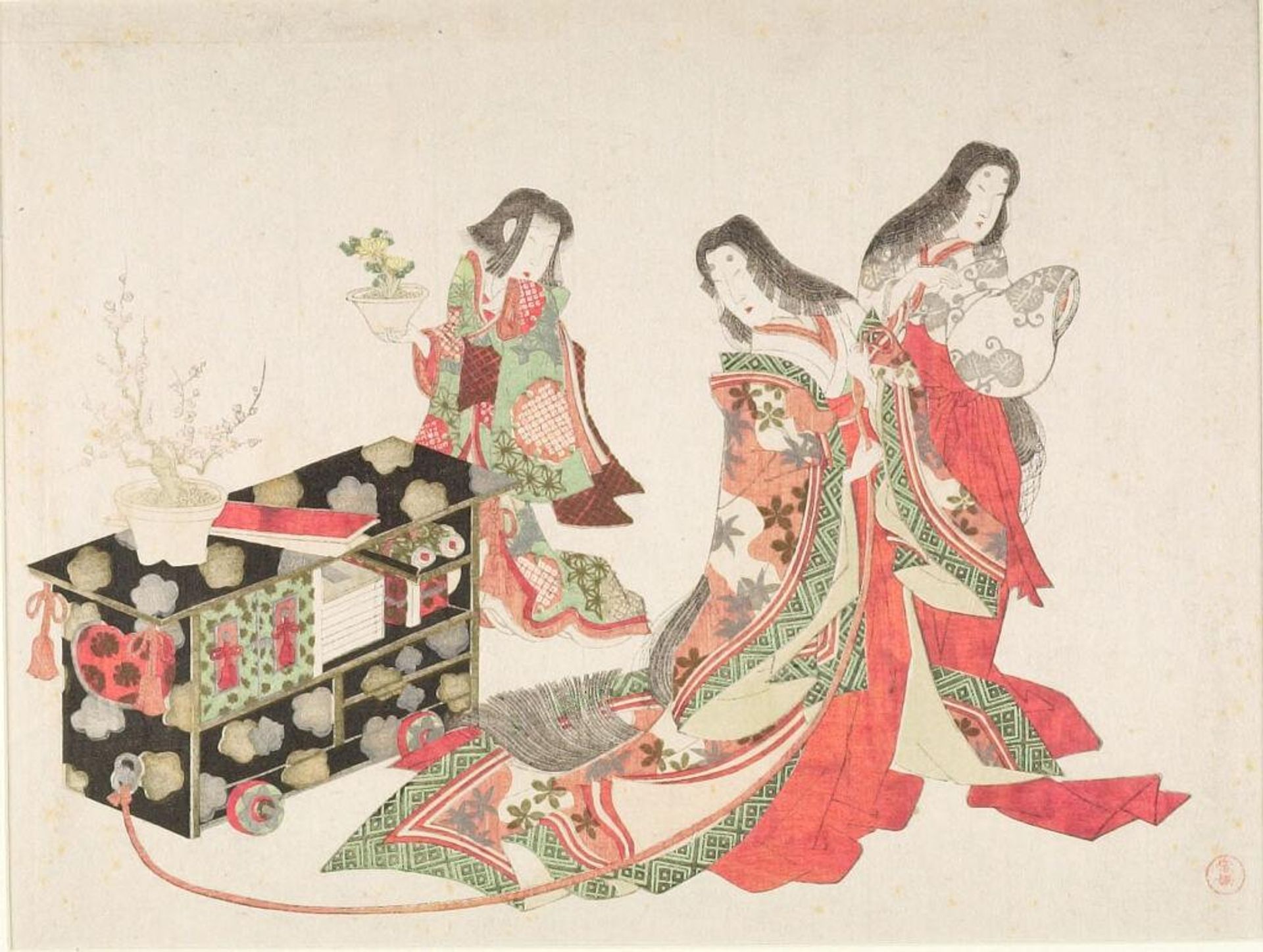 Court Ladies and Child Holding Pheasant's Eye Plant (FukujusÅ) by Wheeled Writing Table (Fuguruma) at New Year's by Kubo Shunman