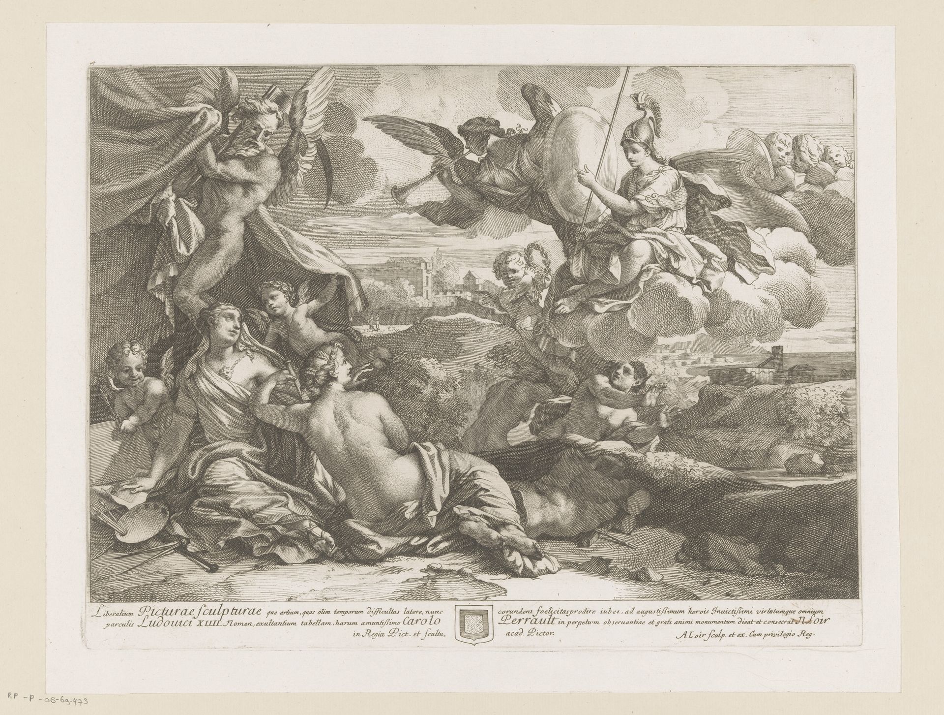 Allegorische voorstelling met Minerva, Schilderkunst, Beeldhouwkunst en Tijd by Alexis Loir