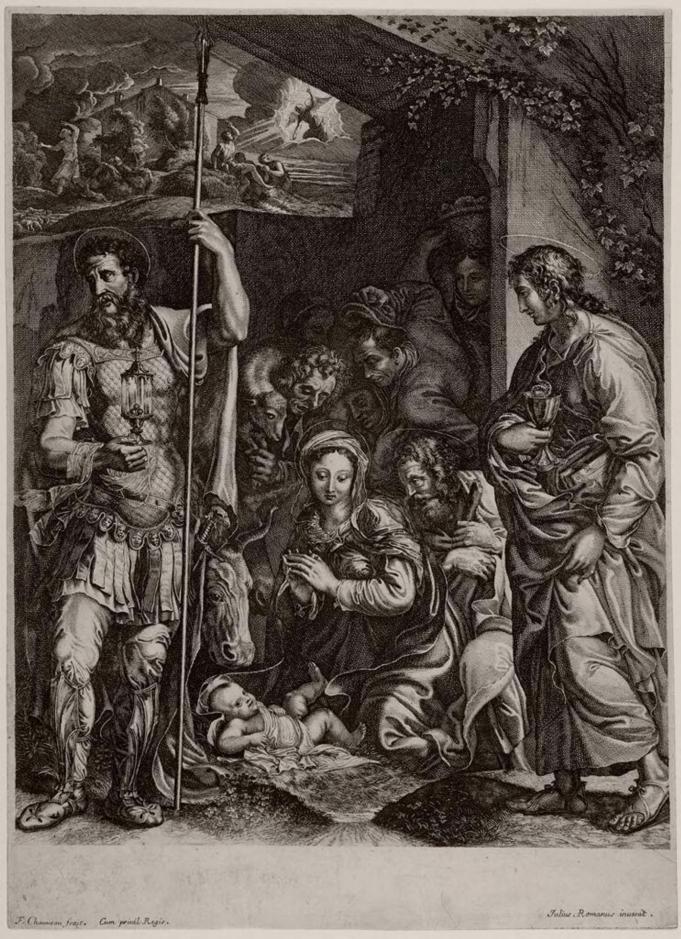 The Nativity with the Adoration of the Shepherds between Saints Longinus and John the Evangelist by FranÃ§ois Chauveau