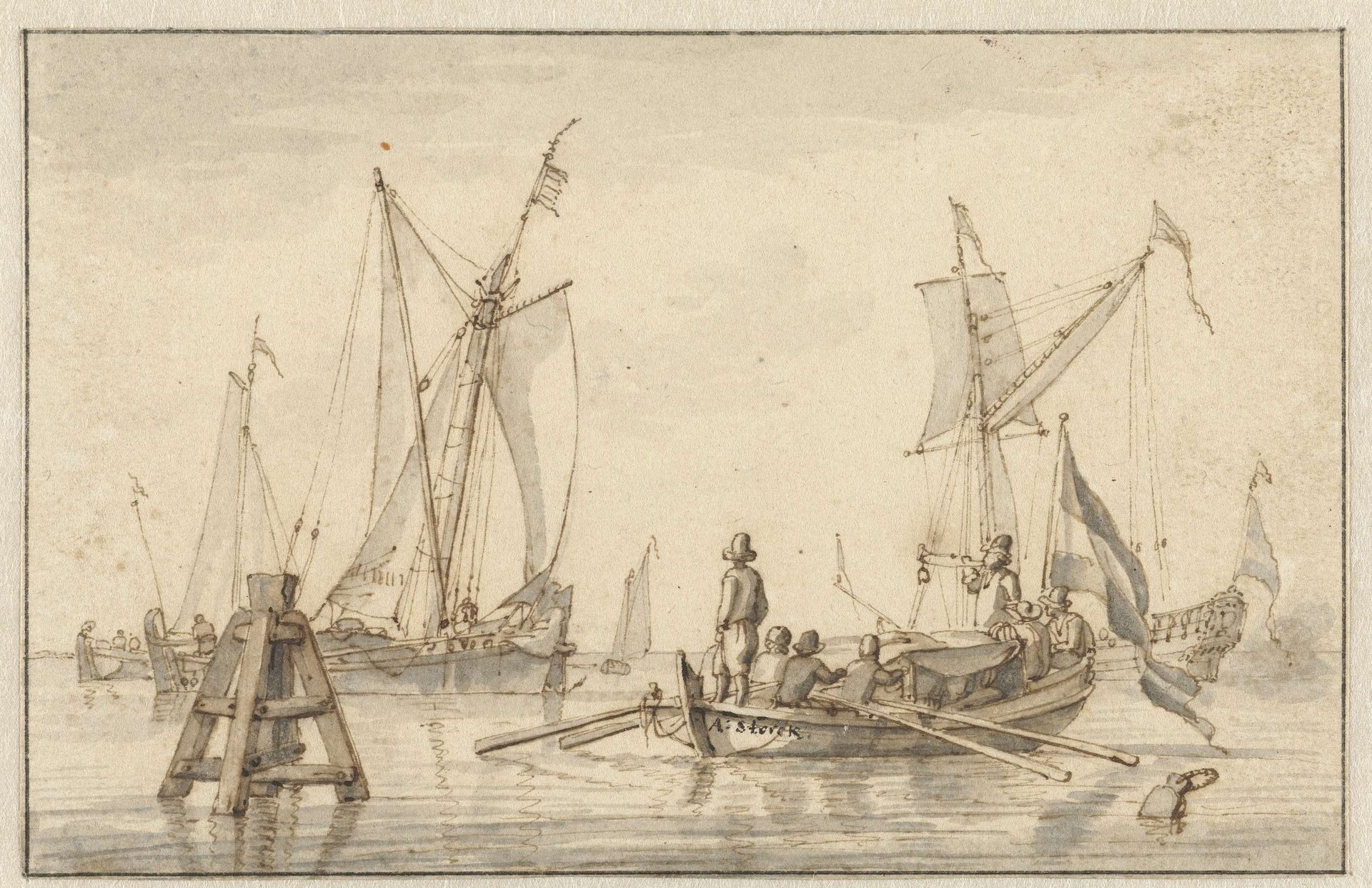 Stille zee met enkele boten by Abraham Storck