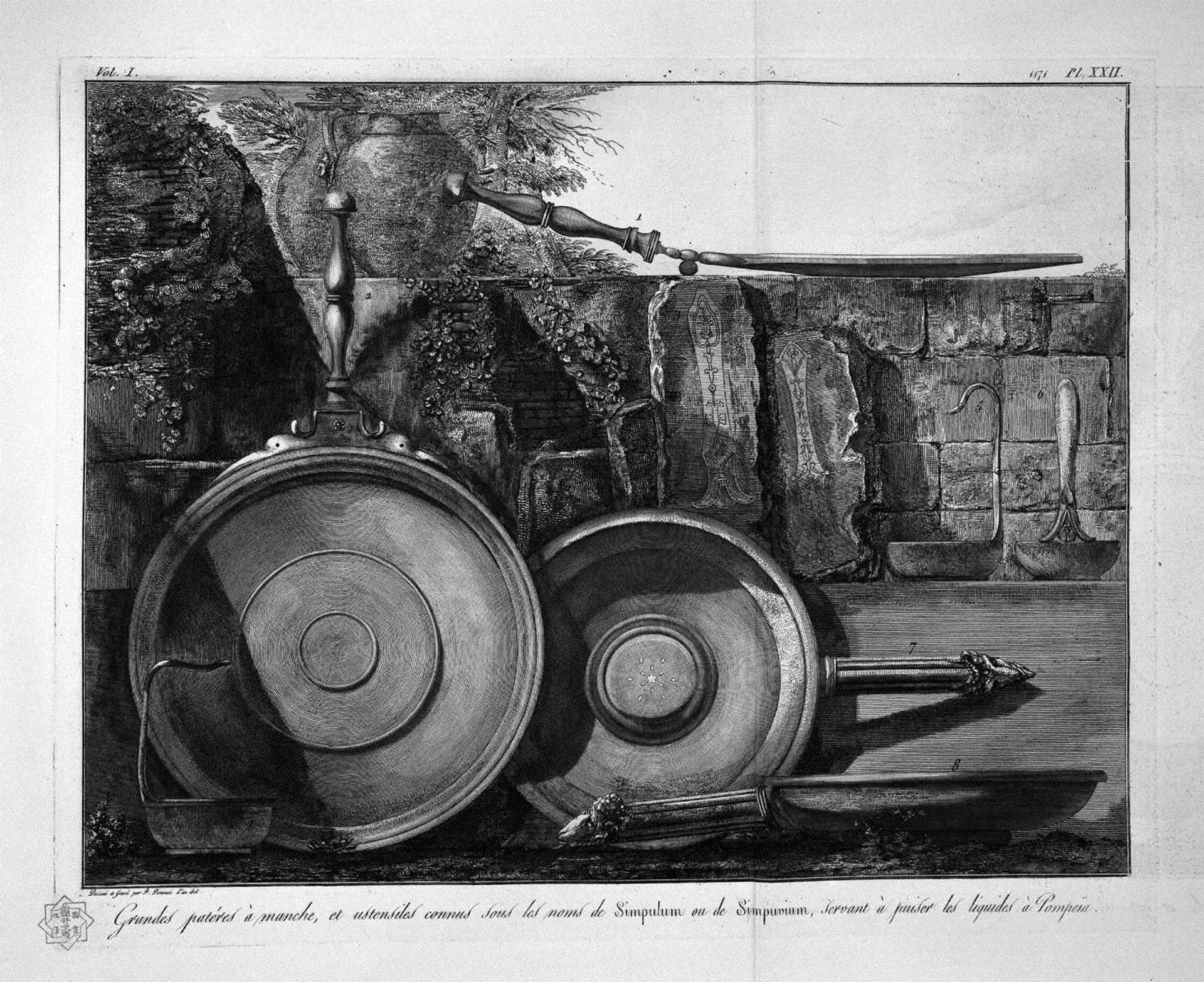 Paterae, and utensils with a handle to draw water, found in Pompeii by Giovanni Battista Piranesi