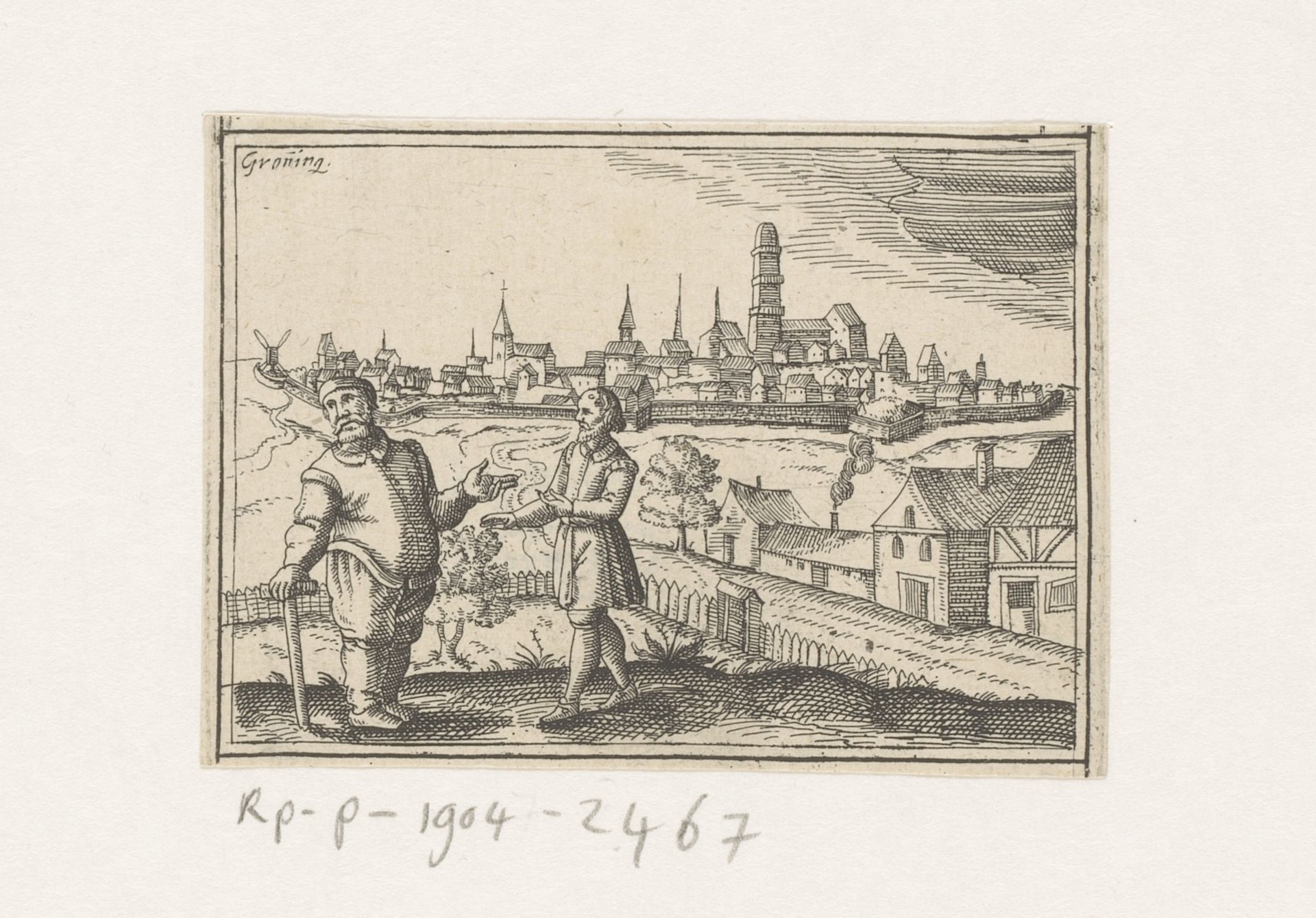 Gezicht op Groningen met een dikke en een dunne man by Daniel Sudermann
