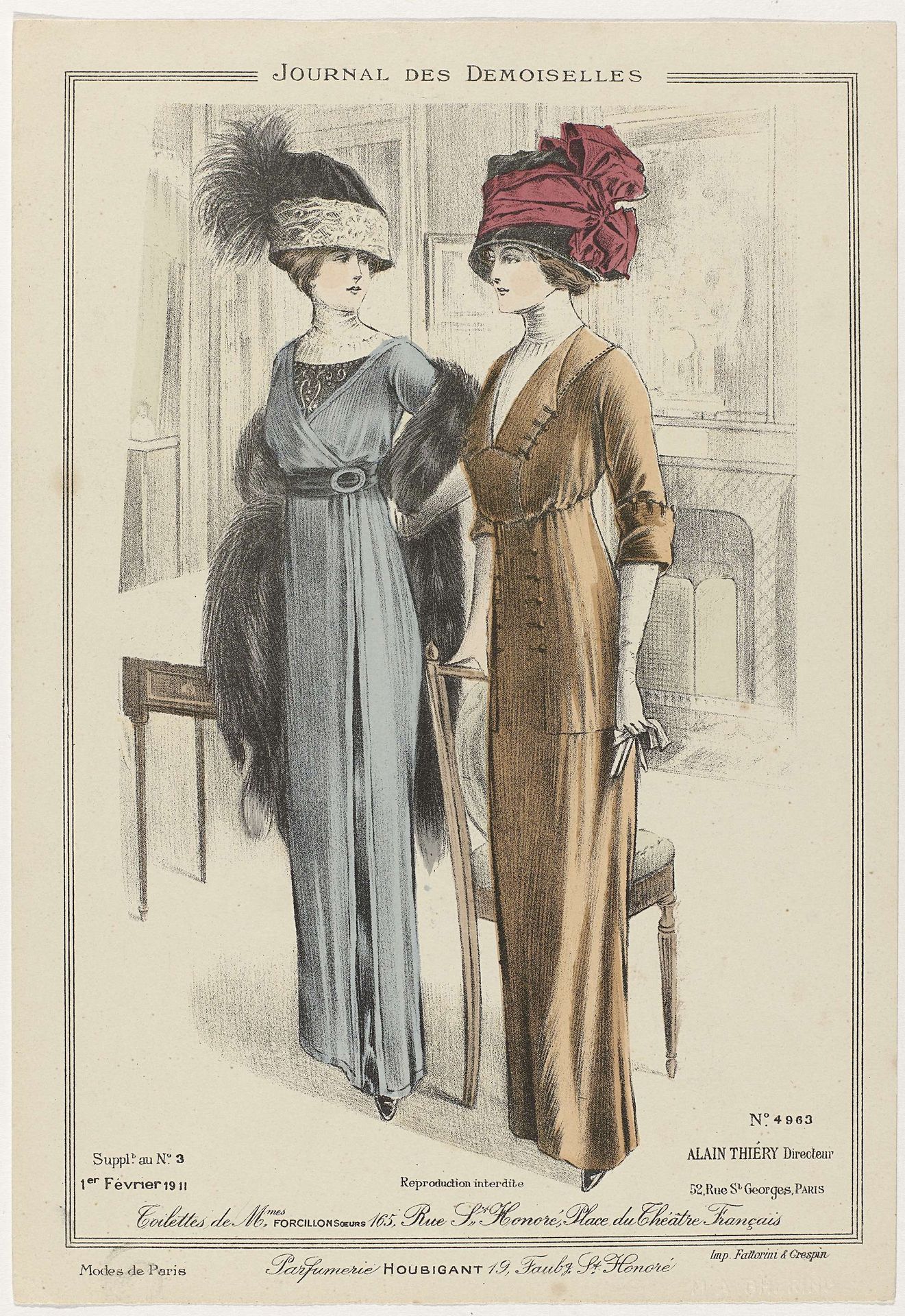 Journal des Demoiselles, Supplement au No. 3, 1 Février 1911, No. 4963 : Toilettes de Mmes Forcillon (...) by Anonymous