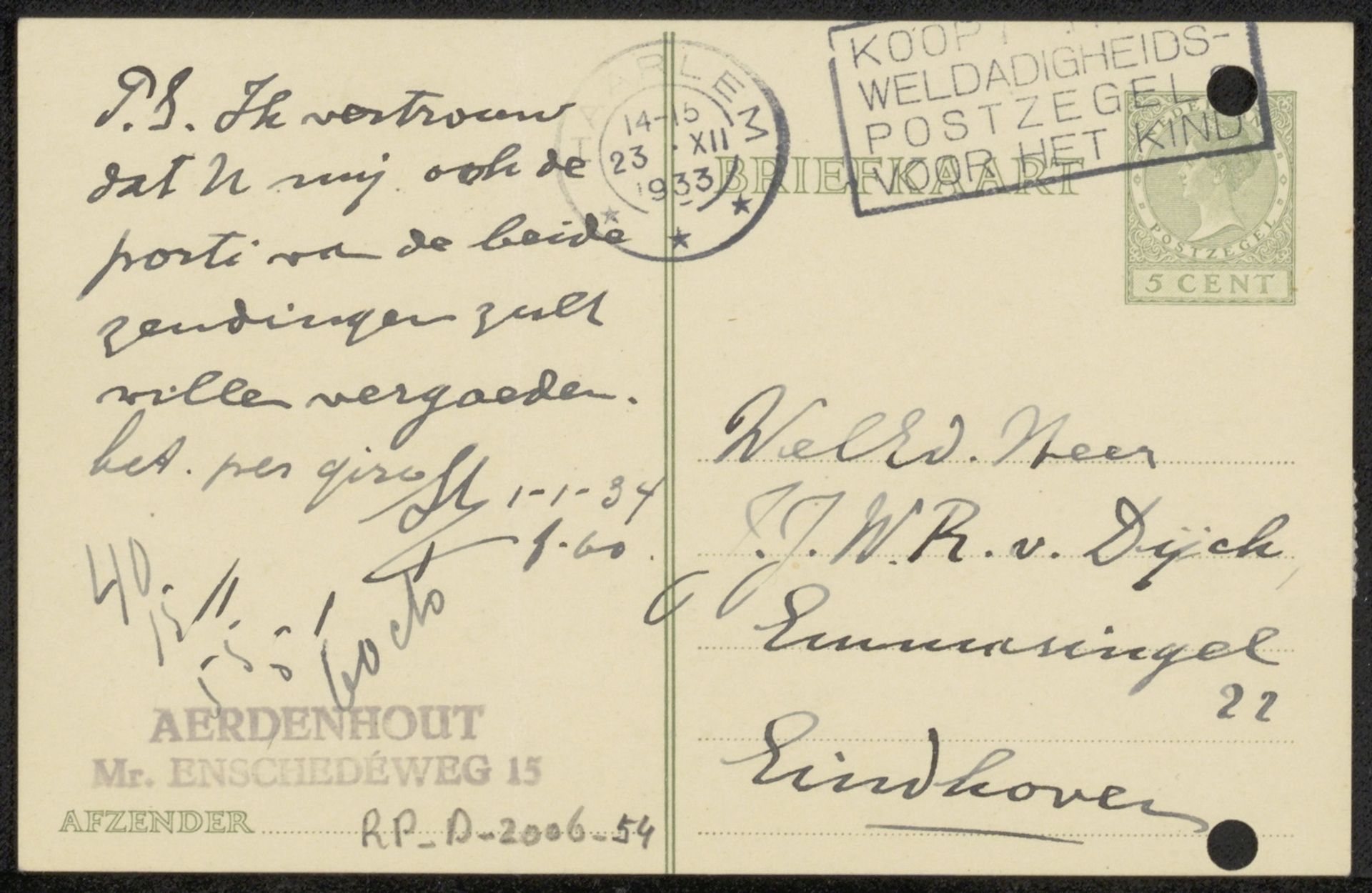 Briefkaart aan de heer J.J.W.B. van Dijck by Johannes Franciscus Maria Sterck