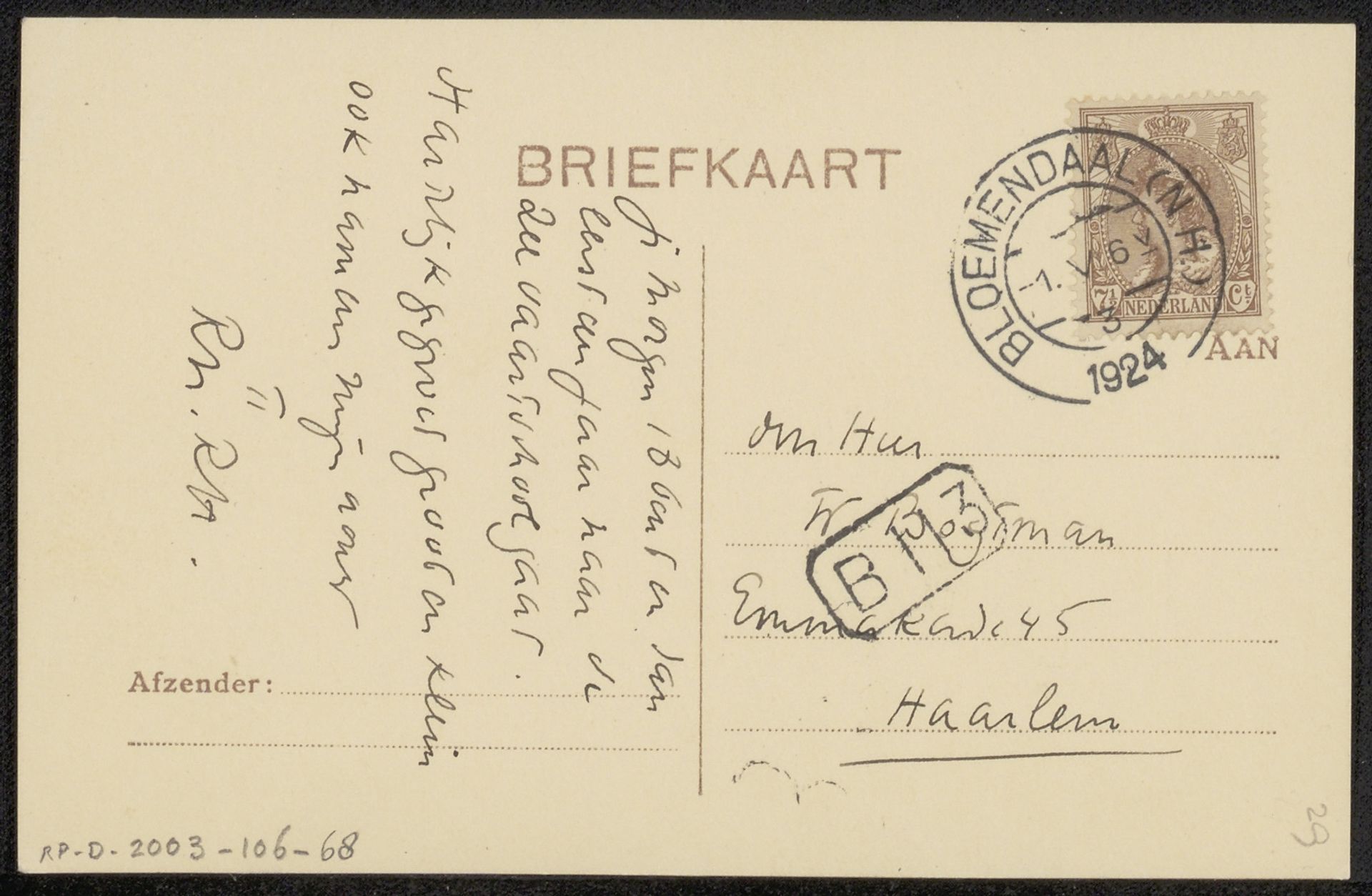 Briefkaart aan Willem Bogtman by Richard Nicolaüs Roland Holst