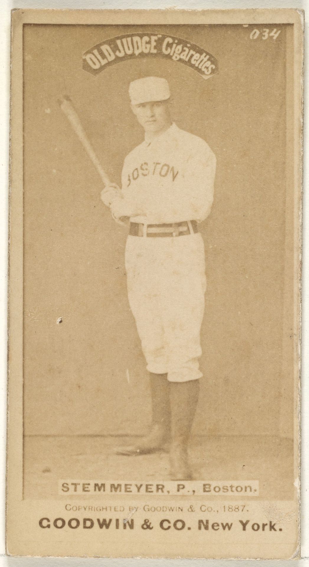 Stemmyer, Pitcher, Boston, from the Old Judge series (N172) for Old Judge Cigarettes by Goodwin & Company