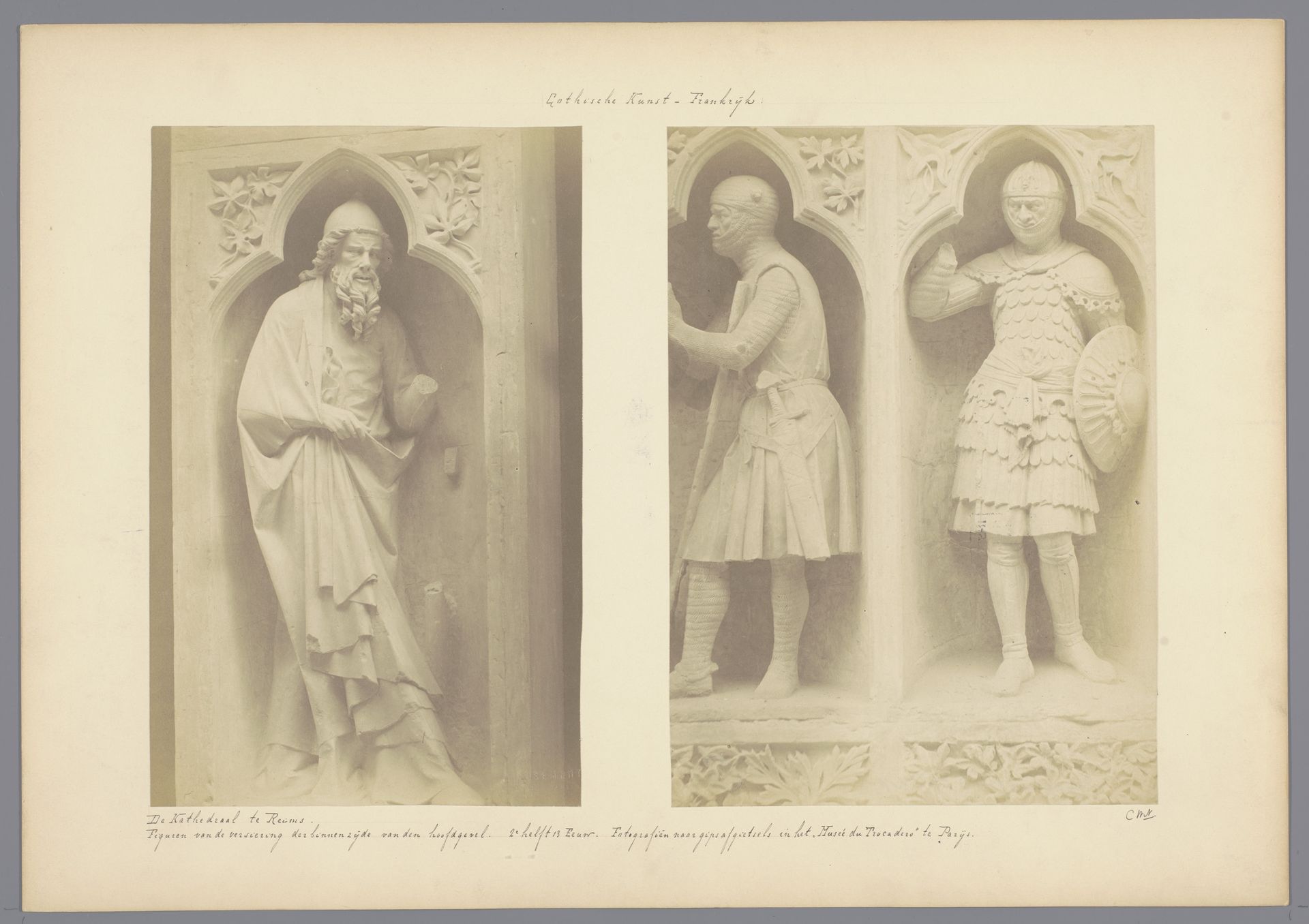 Overzicht van twee gipsafgietsels van sculpturen, afkomstig van de Kathedraal van Reims by Médéric Mieusement