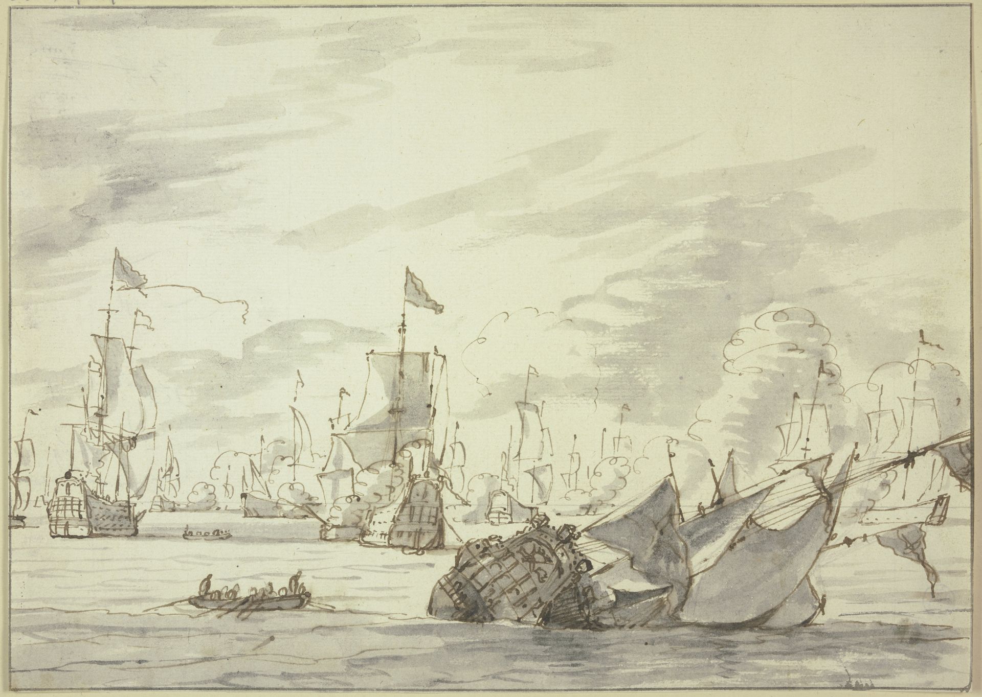 Seegefecht, vorne rechts ein sinkendes Schiff by Abraham Storck the Elder