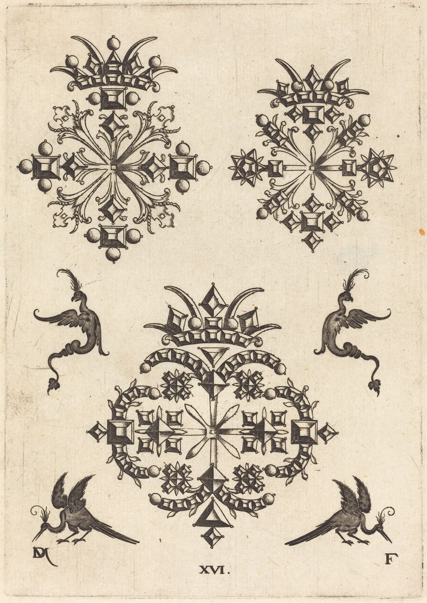 Three Brooches with Fantasy Birds at Left, Right, and Bottom by Daniel Mignot