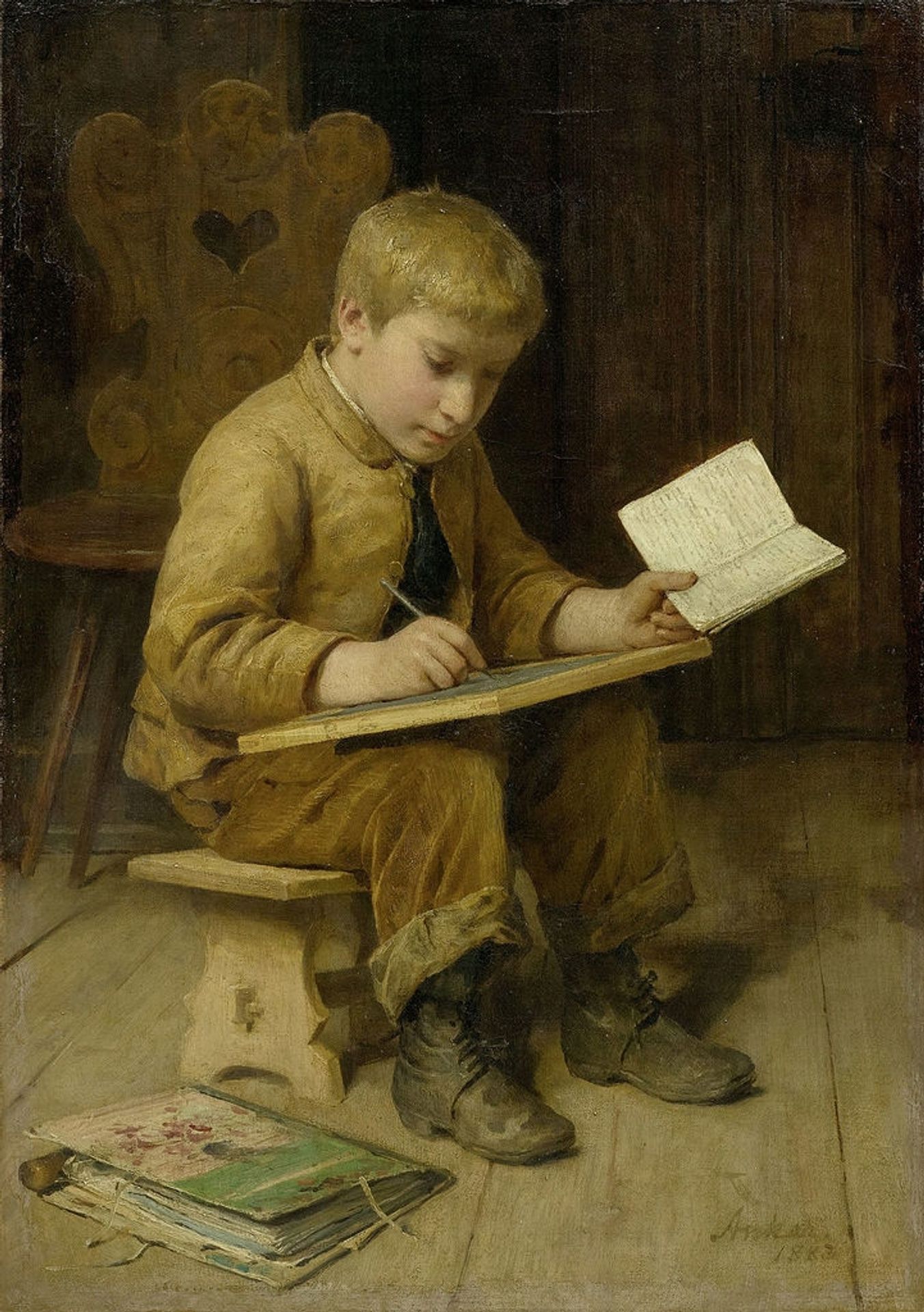 Writing boy by Albrecht Anker