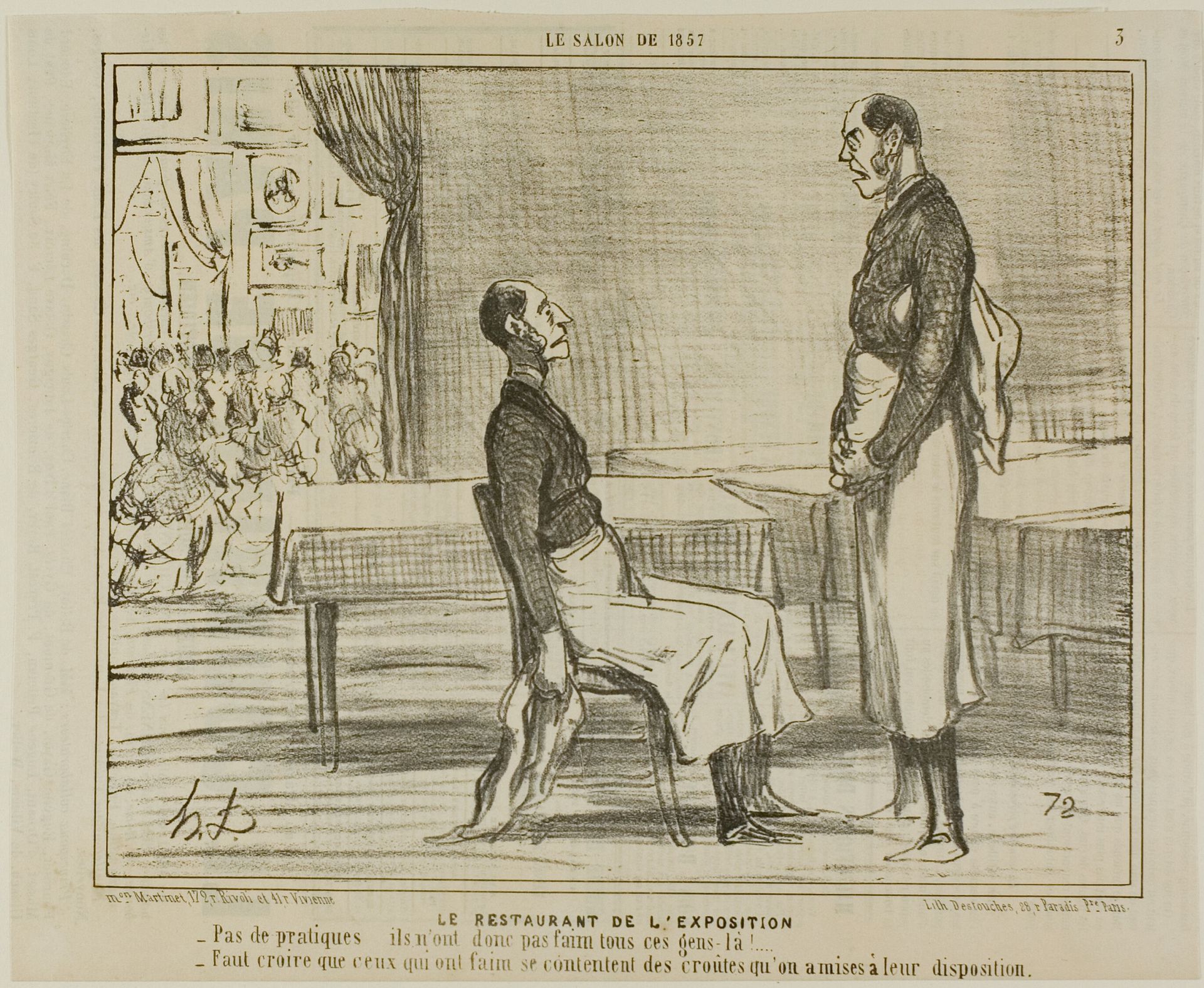 The Restaurant at the Exhibition. “- No clients at all… aren't these people hungry? - I guess that the hungry ones are eating the snacks they were offered,” plate 3 from Le Salon De 1857 by Honoré Daumier
