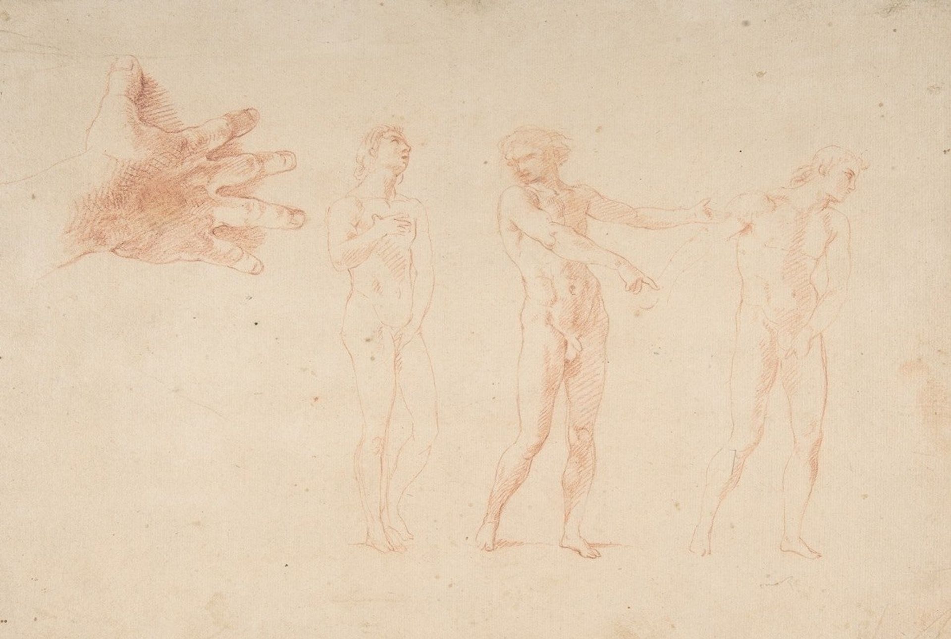 Three Nude Male Figures; Study of the Right Hand of the Figure on the Left by Pompeo Batoni