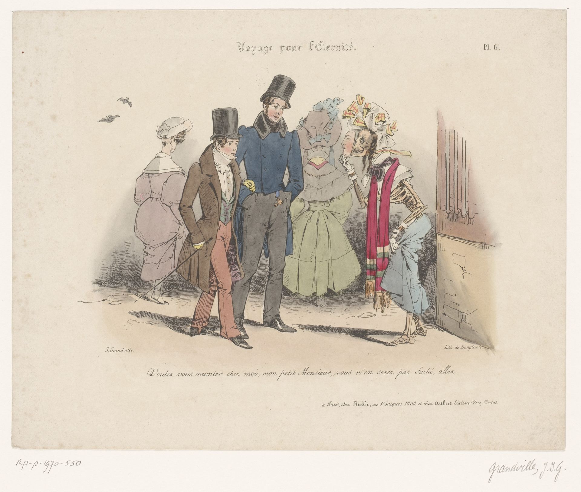Twee jongemannen ontmoeten de gemaskerde Dood op straat by Jean Ignace Isidore Gérard Grandville
