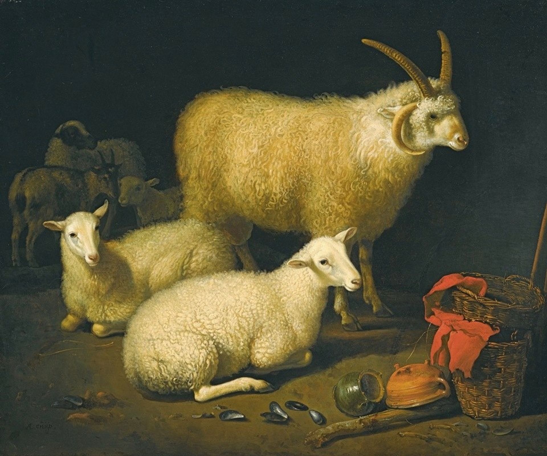 A barn interior with a four-horned ram and four ewes, and a goat, with a still life of a basket and upturned pots to the right by Aelbert Cuyp