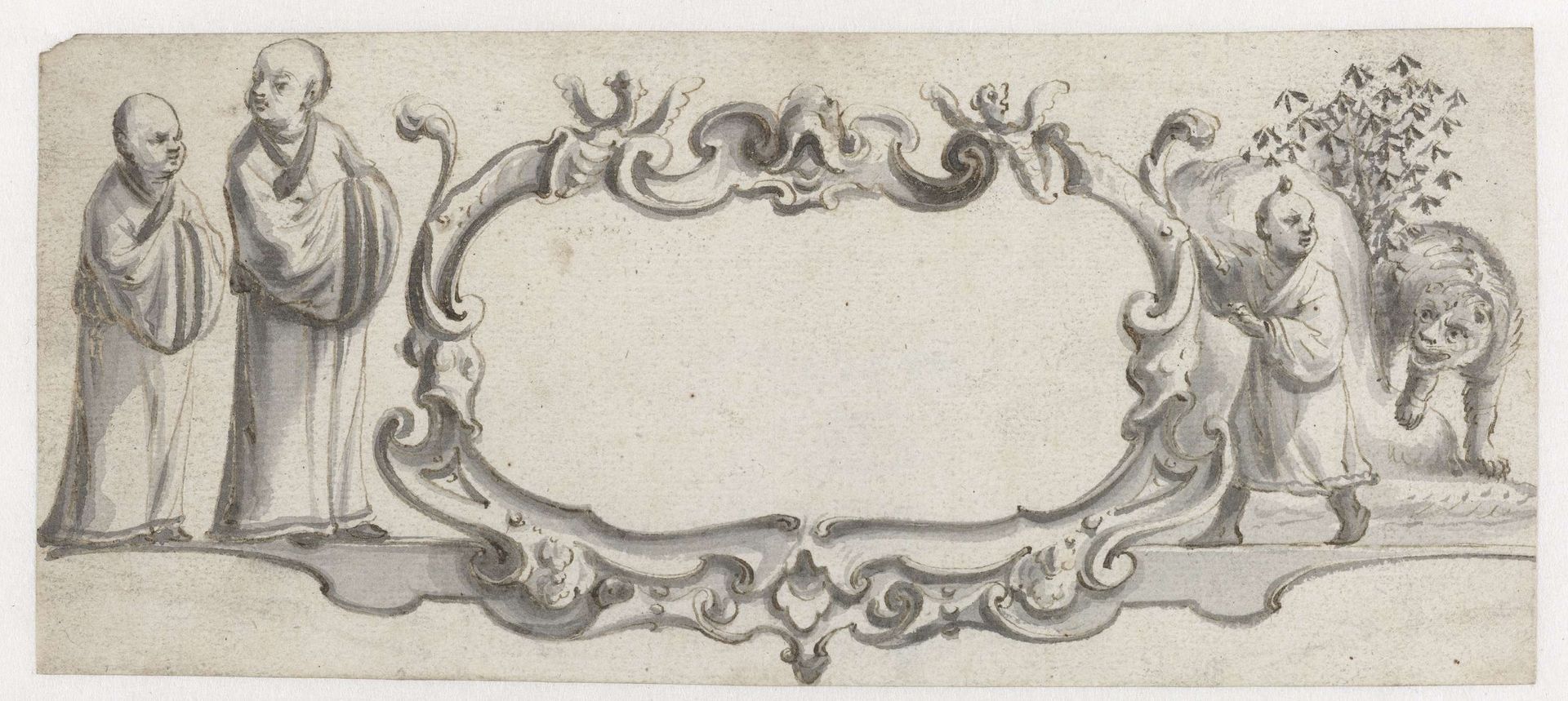 Rechthoekige cartouche met drie Chinezen en een tijger by Pieter Jansz.