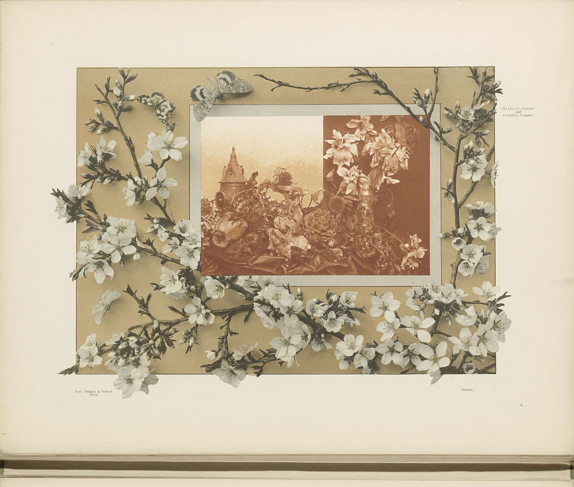 Stilleven met fruit en bloemen in een kader, met op de voorgrond amandelbloesem en vlinders by Anonymous
