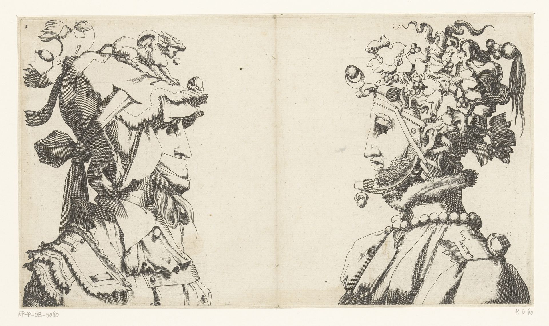 Twee mannenbustes met maskers en fantasiehoofdbedekking by René Boyvin