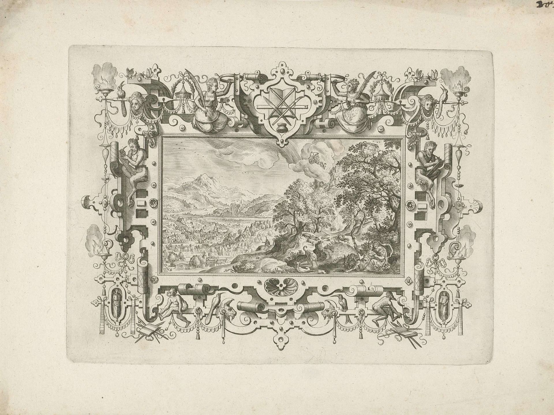 Ornamentomlijsting met rolwerk en figuren, waarin landschap met Venus en Adonis by Anonymous