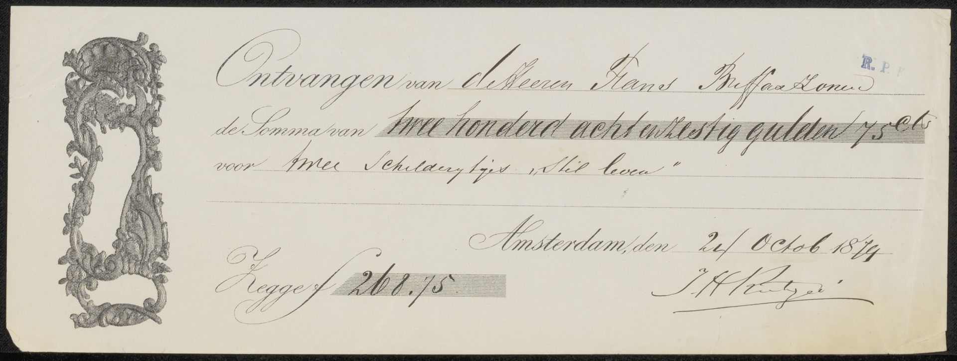 Kwitantie voor J.H. Rutgers by Frans Buffa en Zonen