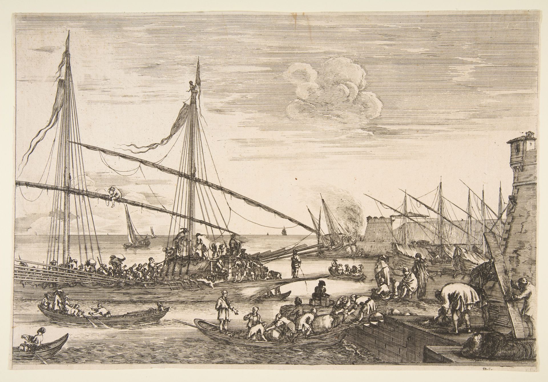 View of the fortifications, two men lifting a plank at right, several ships and boats the background and a galley at left, from 'Views of the port of Livorno' (Vues du port de Livourne) by Stefano della Bella