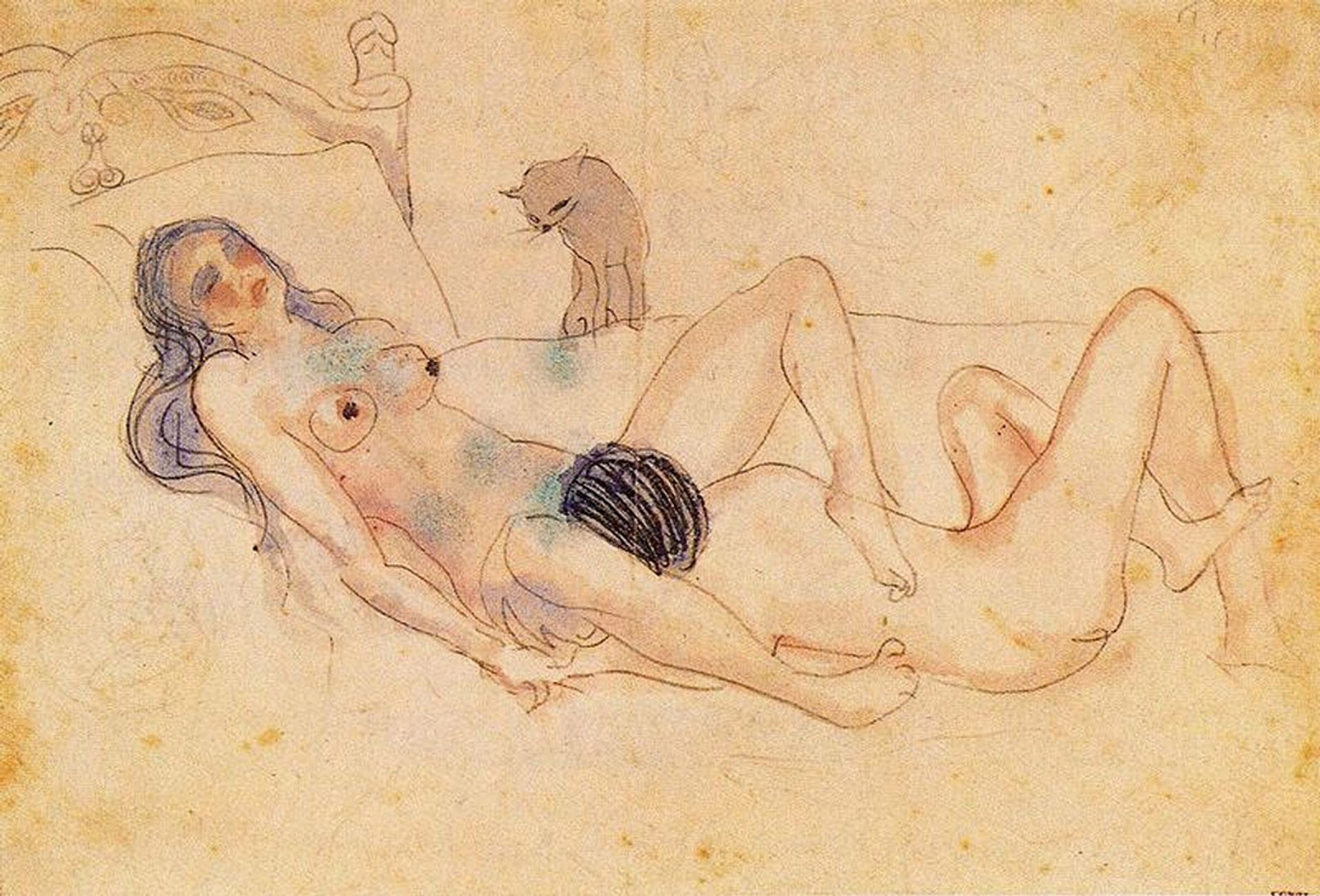 Two nudes and a cat by Pablo Picasso
