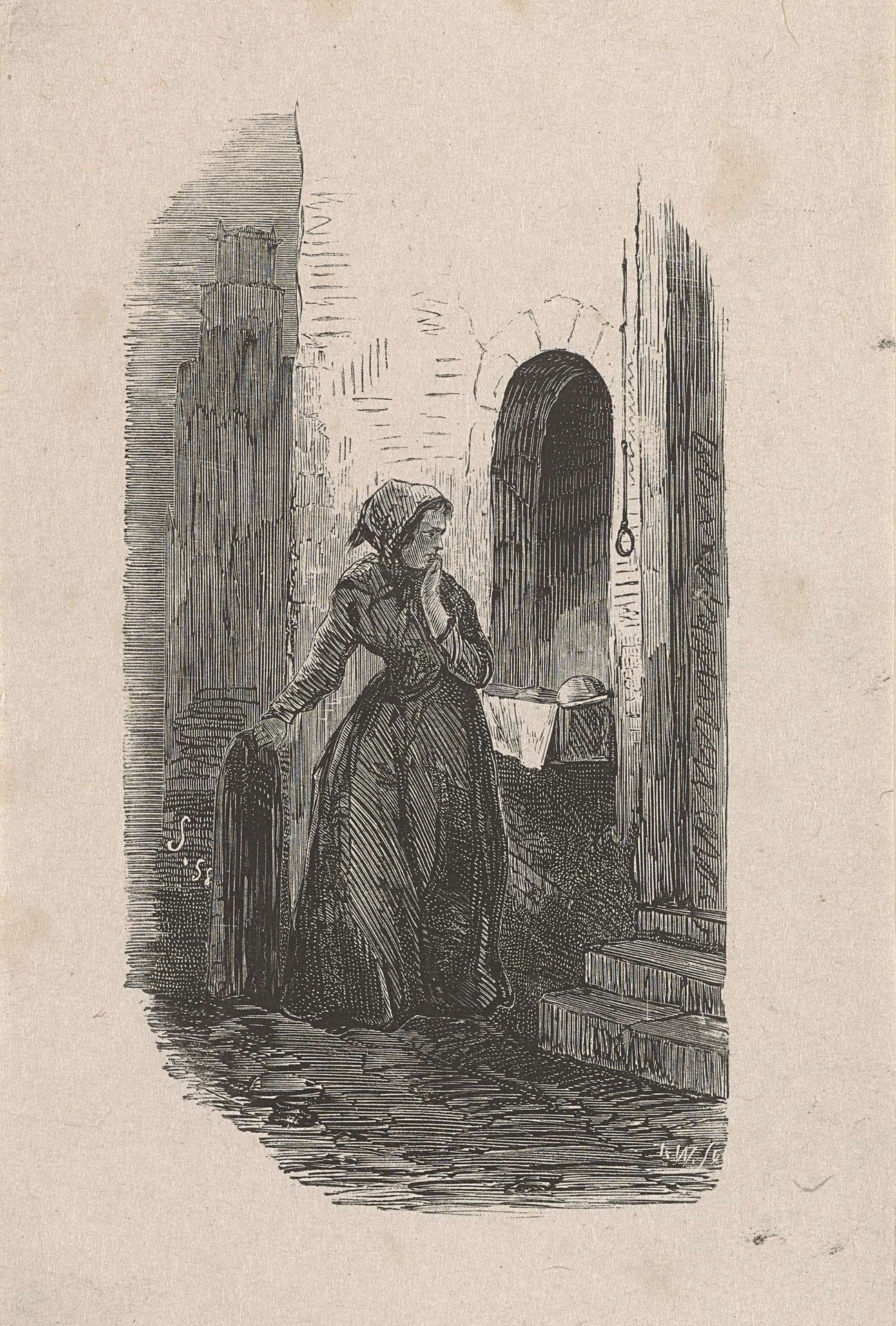 Jonge vrouw twijfelend voor een dichte voordeur by Isaac Weissenbruch