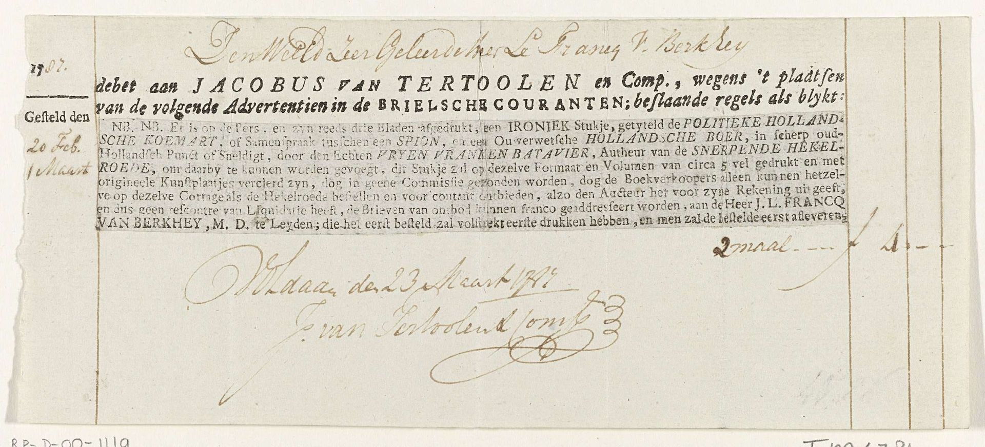 Advertentietekst voor: Johannes le Francq van Berkhey, De Politieke Hollandsche Koemarkt, 1787 by Jacobus van Tertoolen en Comp.