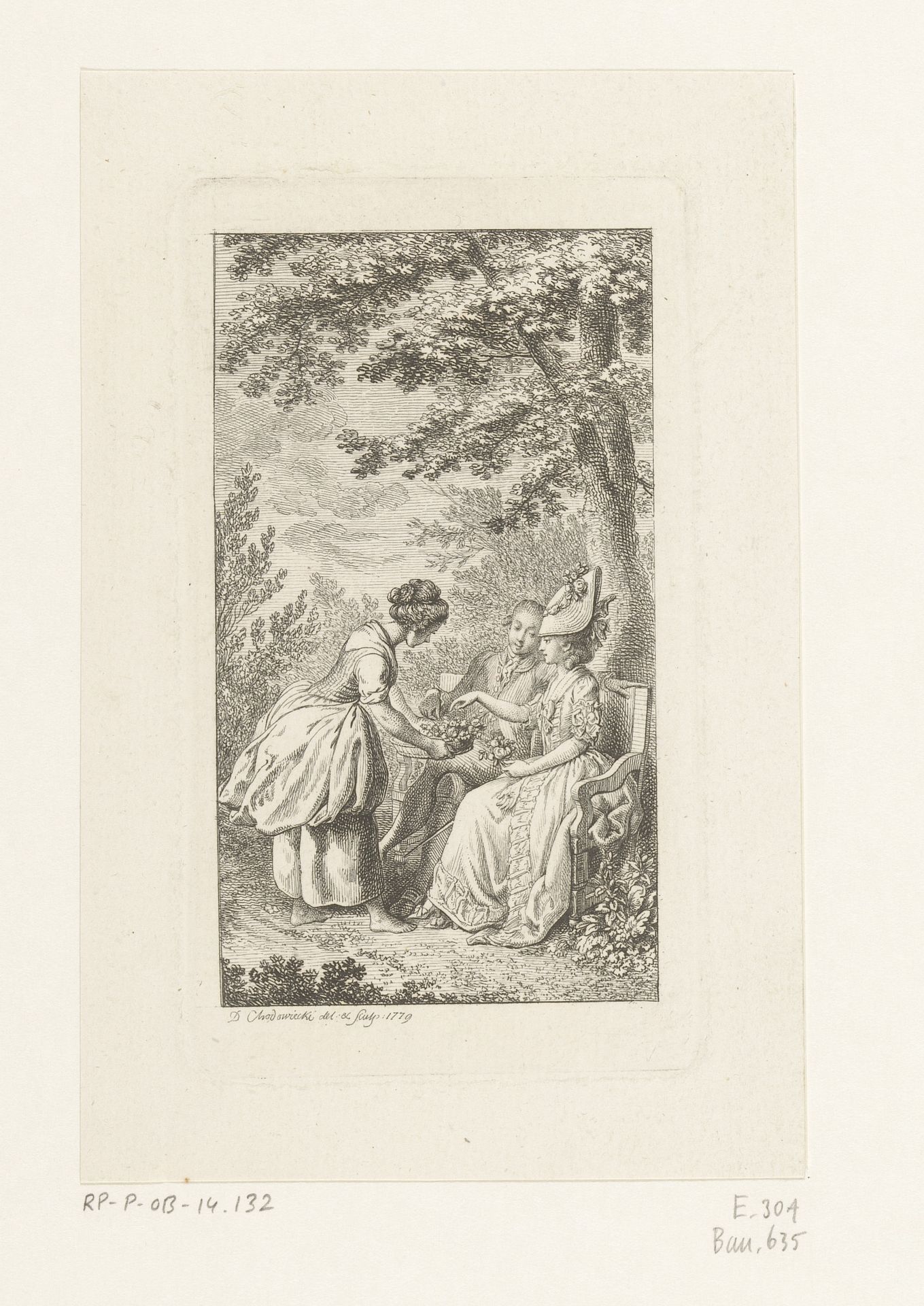 Man en vrouw krijgen bloemen aangeboden by Daniel Nikolaus Chodowiecki