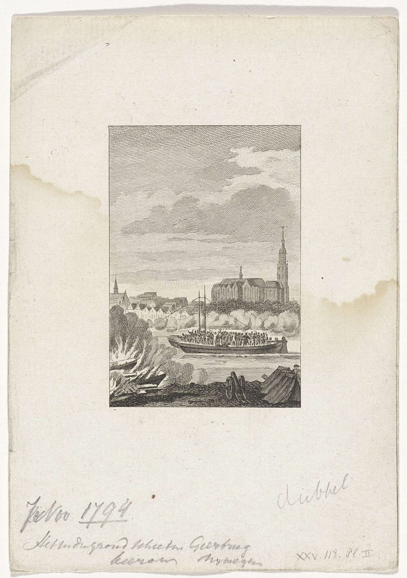 Fransen beschieten de vluchtende troepen op de Gierbrug, 1794 by Reinier Vinkeles