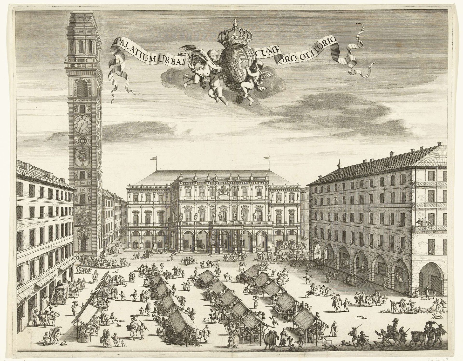 Gezicht op het Piazza Palazzo di Città (Piazza delle Erbe) met het stadhuis in Turijn by Romeyn de Hooghe
