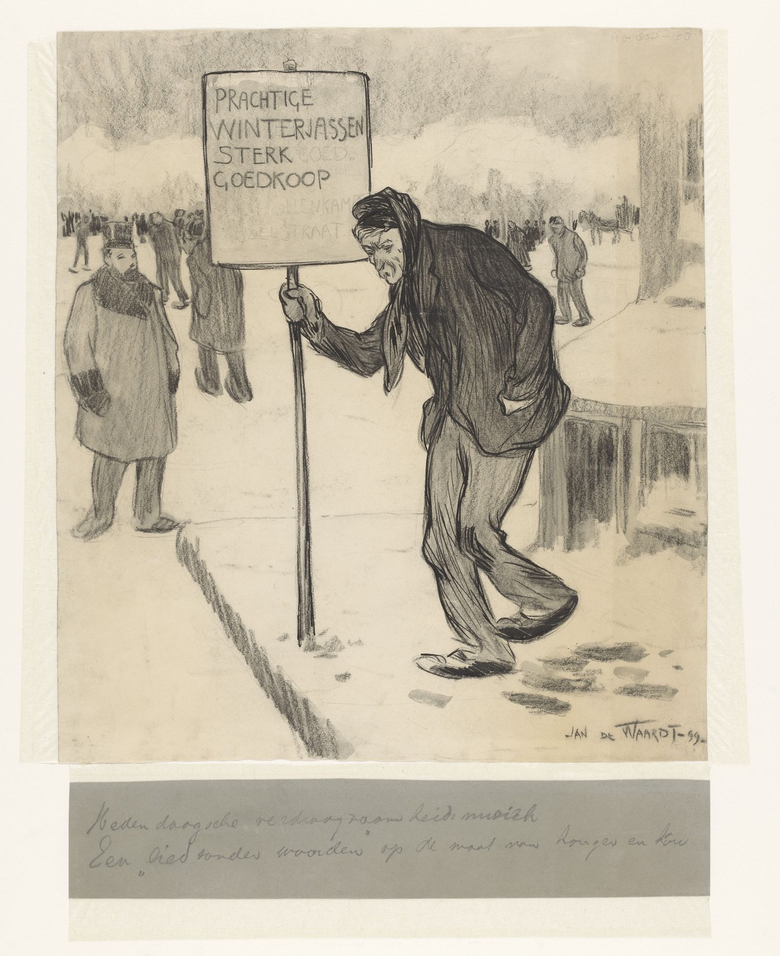Straatverkoper met bord "Prachtige winterjassen sterk goedkoop" by Jan de Waardt
