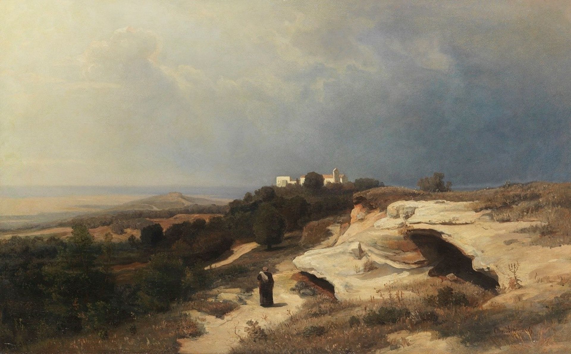 Campagnalandschaft mit wanderndem Mönch by Oswald Achenbach