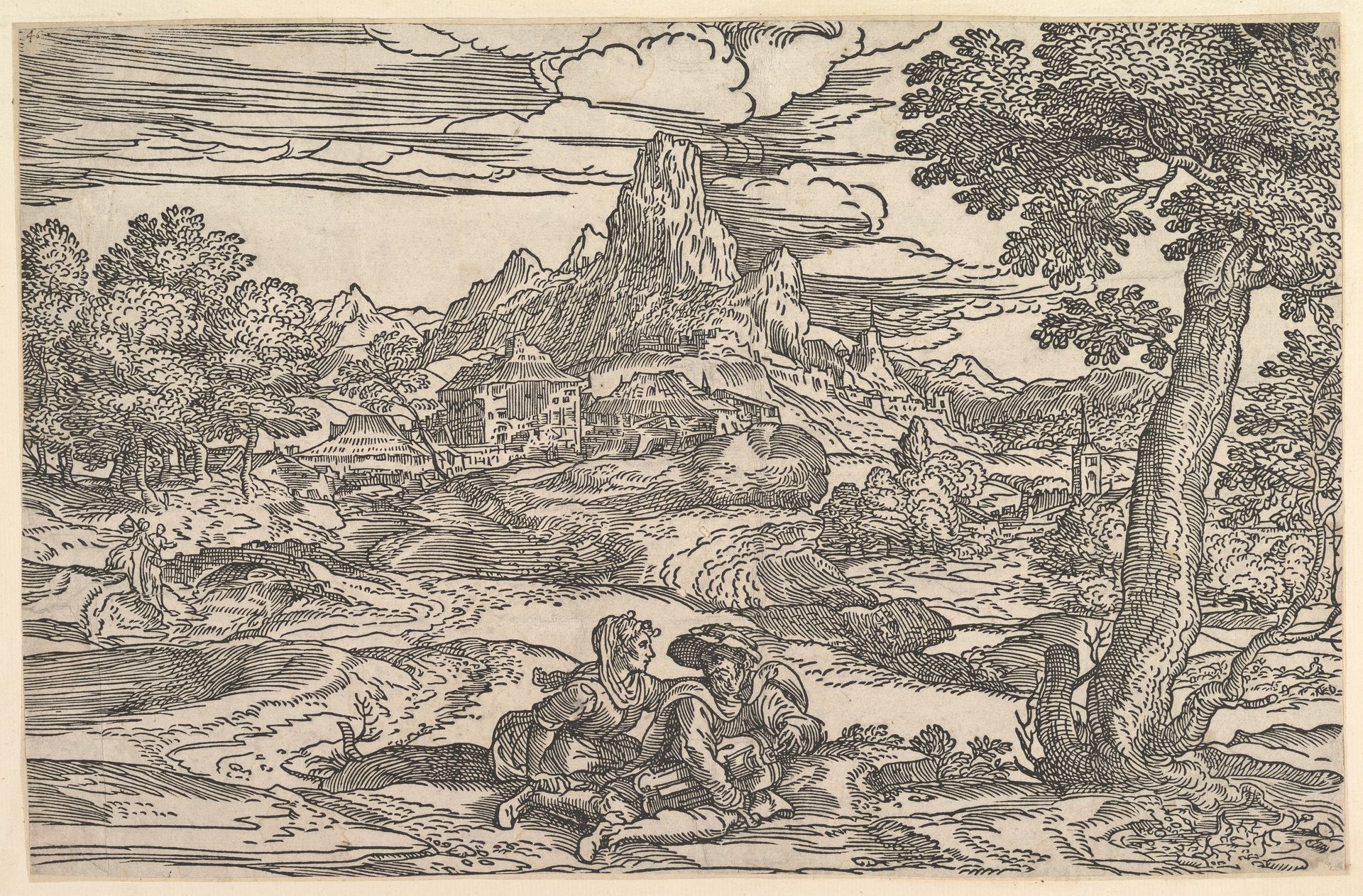 Landscape with a woman seated next to a man playing a hurdy-gurdy by Domenico Campagnola